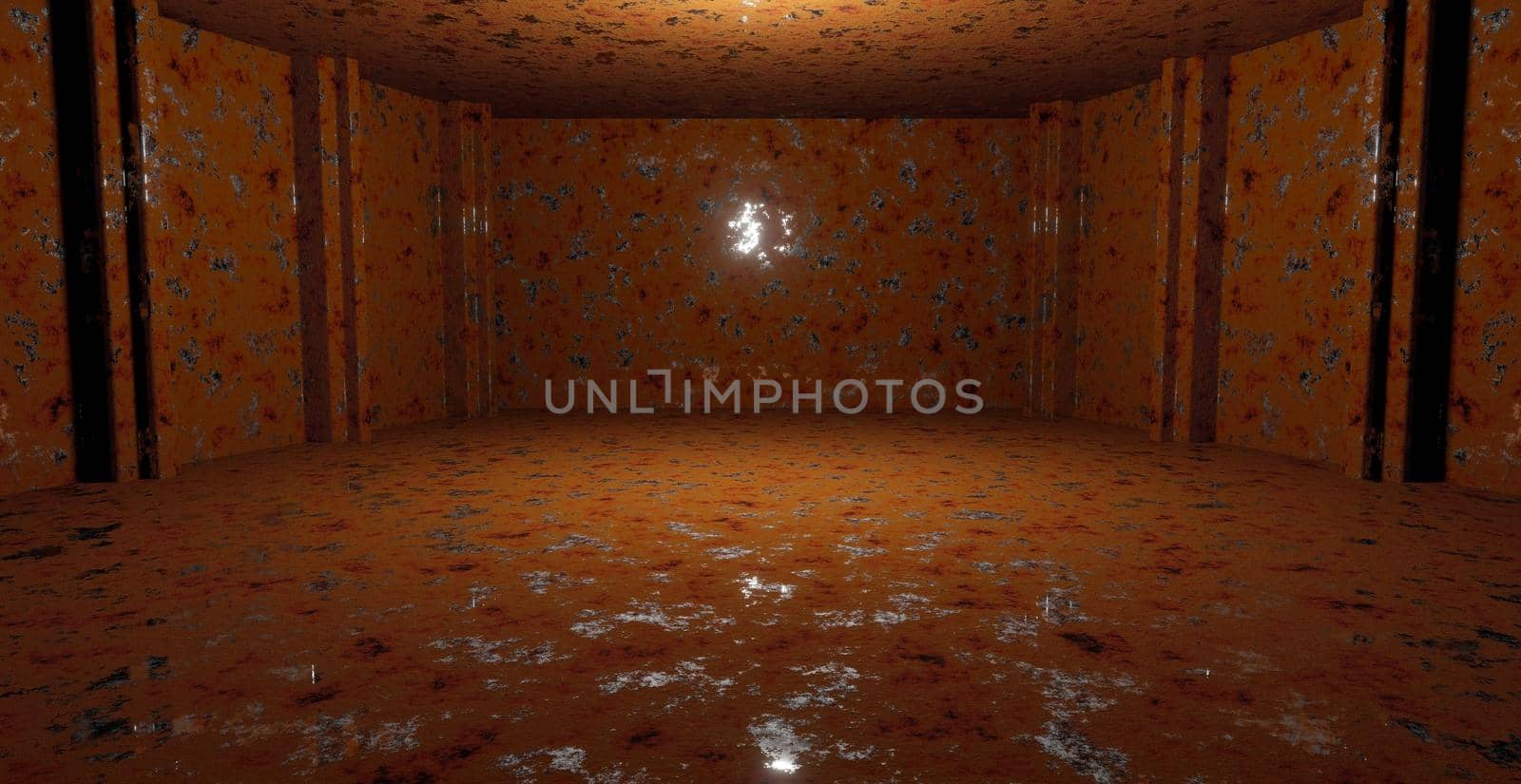 OuterSpace Empty Glowing Vibrant Laser Showcase Stage Corridor Hallway Entrance Spotlight Copper Brown or Yellow Abstract Background With Space For Products 3D Rendering
