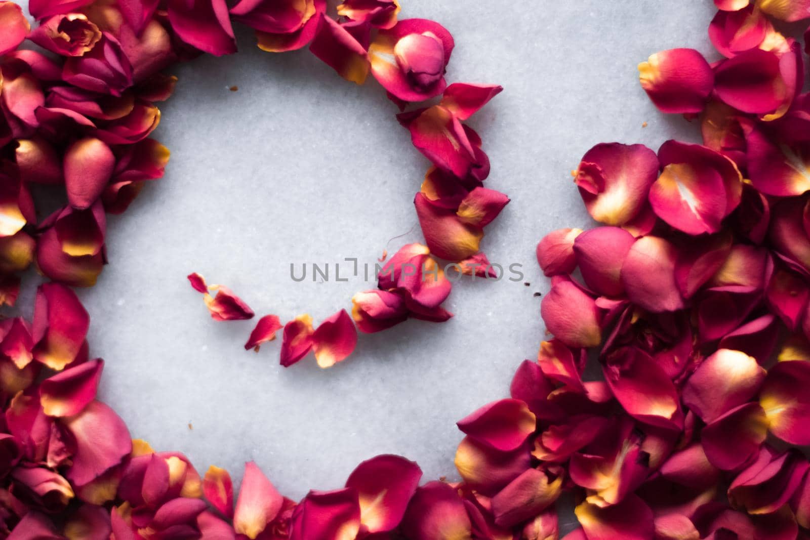 rose petals on marble flatlay - wedding, holiday and floral background styled concept by Anneleven