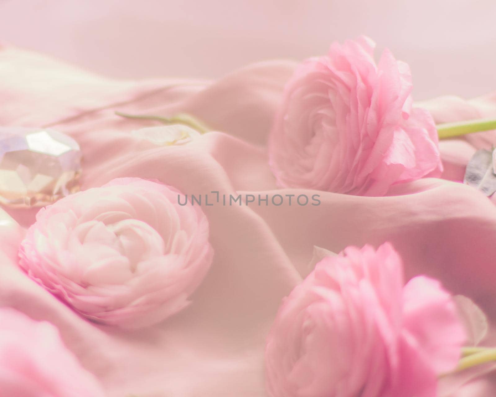 pink rose flowers on soft silk - wedding, holiday and floral background styled concept by Anneleven