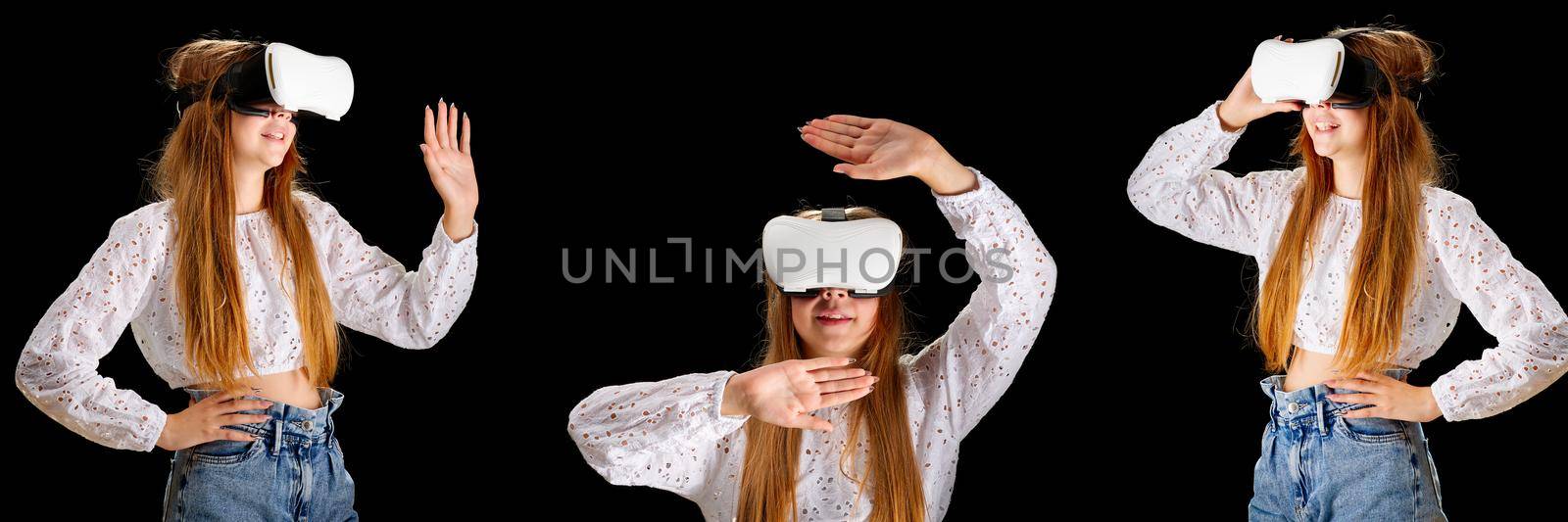 vr gooles and girl. Young woman in white shirt and jeans wearing virtual googles. Woman standing with folded hands. Cyber technology and new virtual reality. metaverse and young generation banner