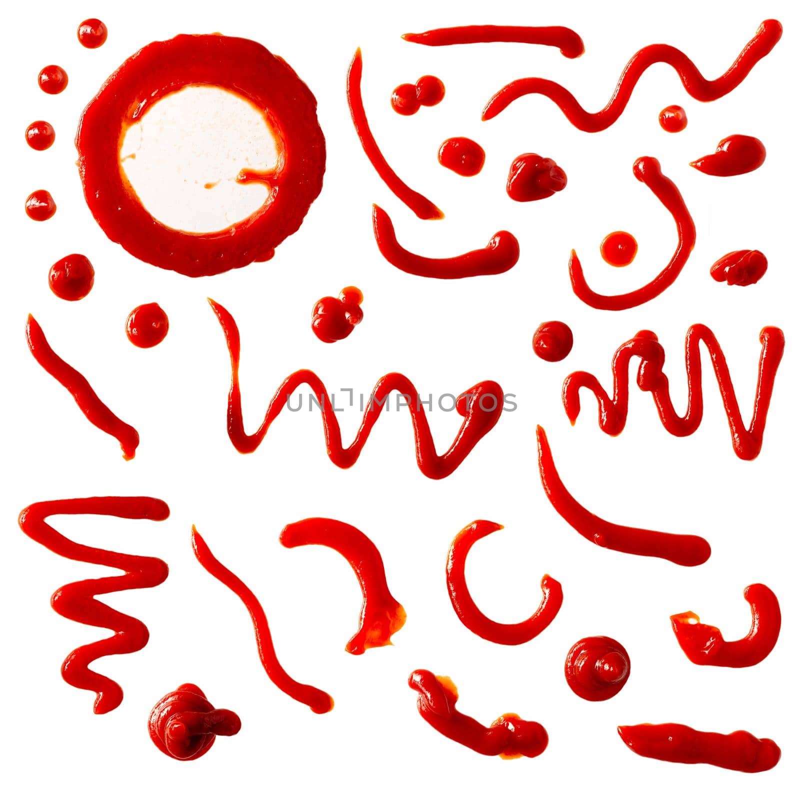 Set of Ketchup stains. Tomato sauce red spots, smears and drops isolated on white background.