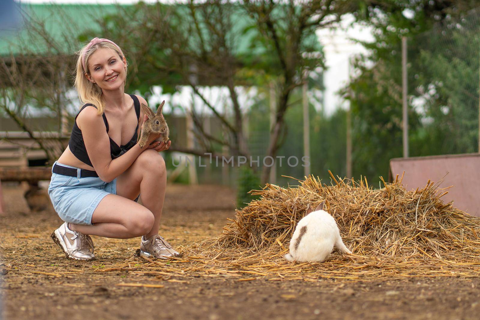 Girl parsley rabbit feeds brown easter bunny white nature healthy, from group rodent in pet for summer sweet, beautiful animal. Closeup little,
