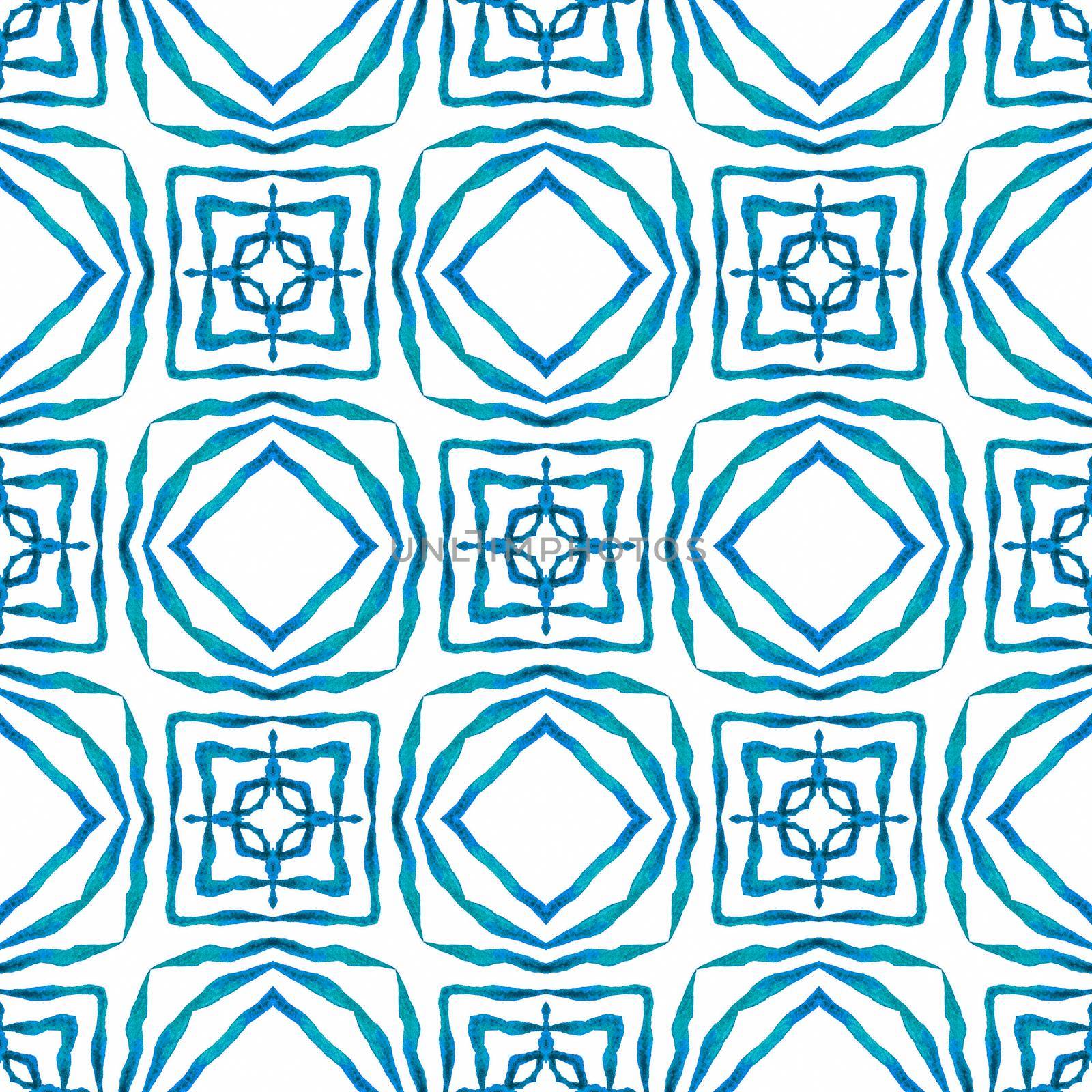 Textile ready sightly print, swimwear fabric, wallpaper, wrapping. Blue fine boho chic summer design. Watercolor medallion seamless border. Medallion seamless pattern.
