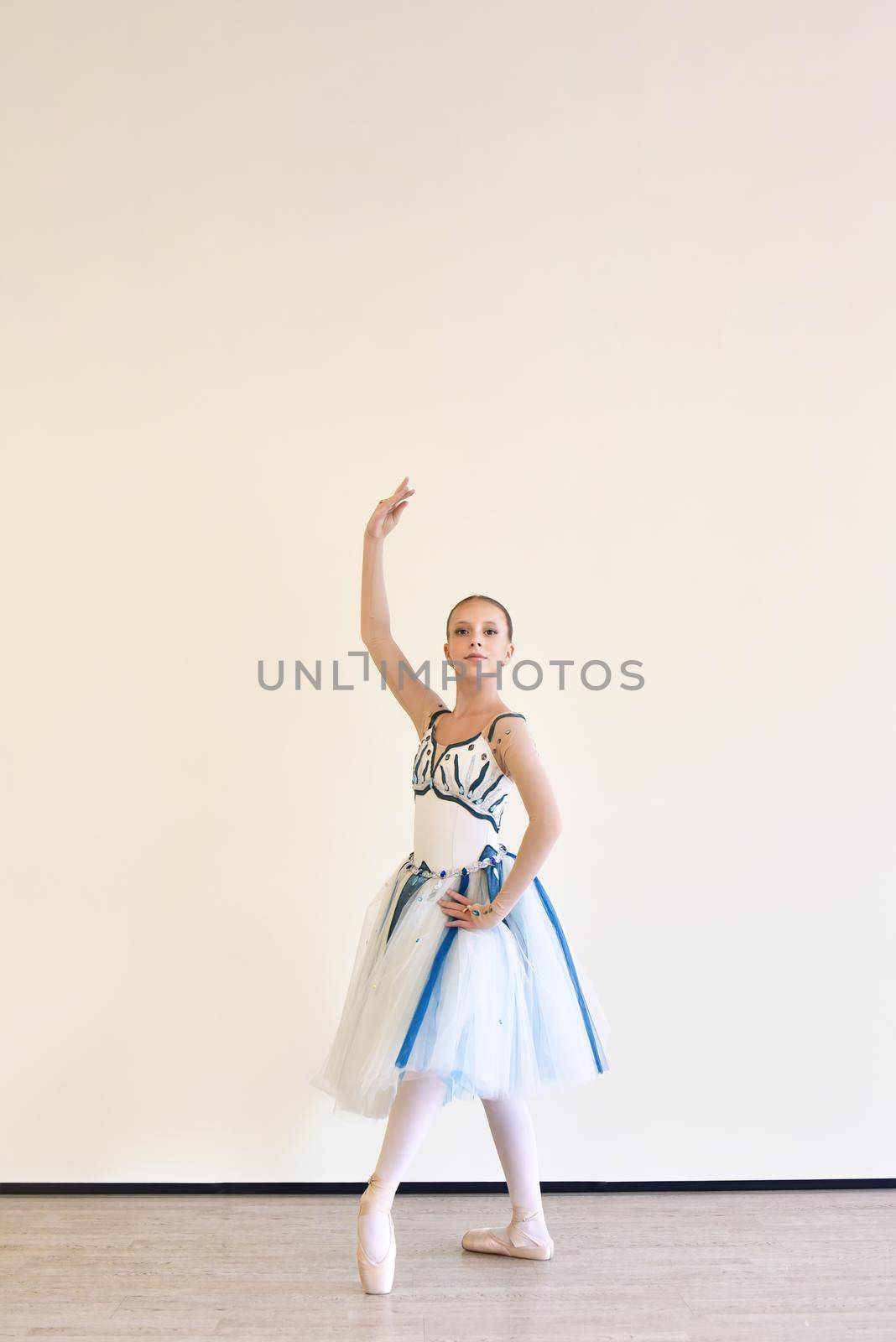 A young charming ballerina in a dress practicing ballet poses in the studio