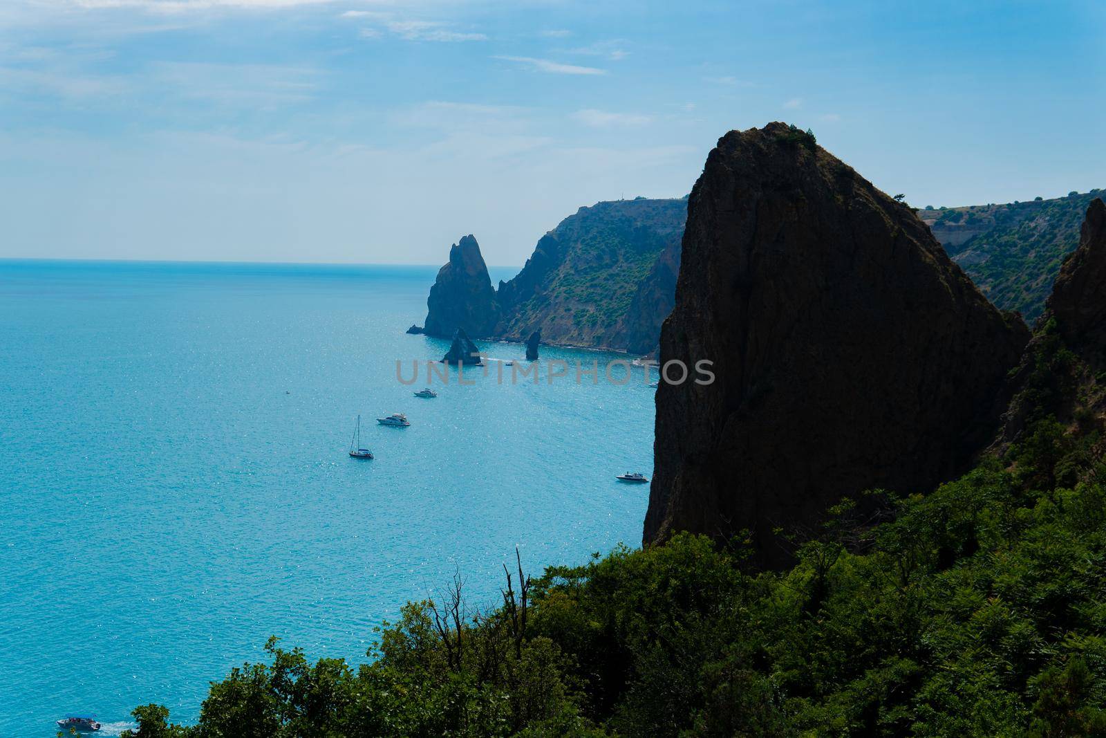 Cape view rock sky crimea fiolent sea russia sunny travel, for mountain nature in summer and sunlight iolent, coast aerial. Crimean attraction yachts, wind