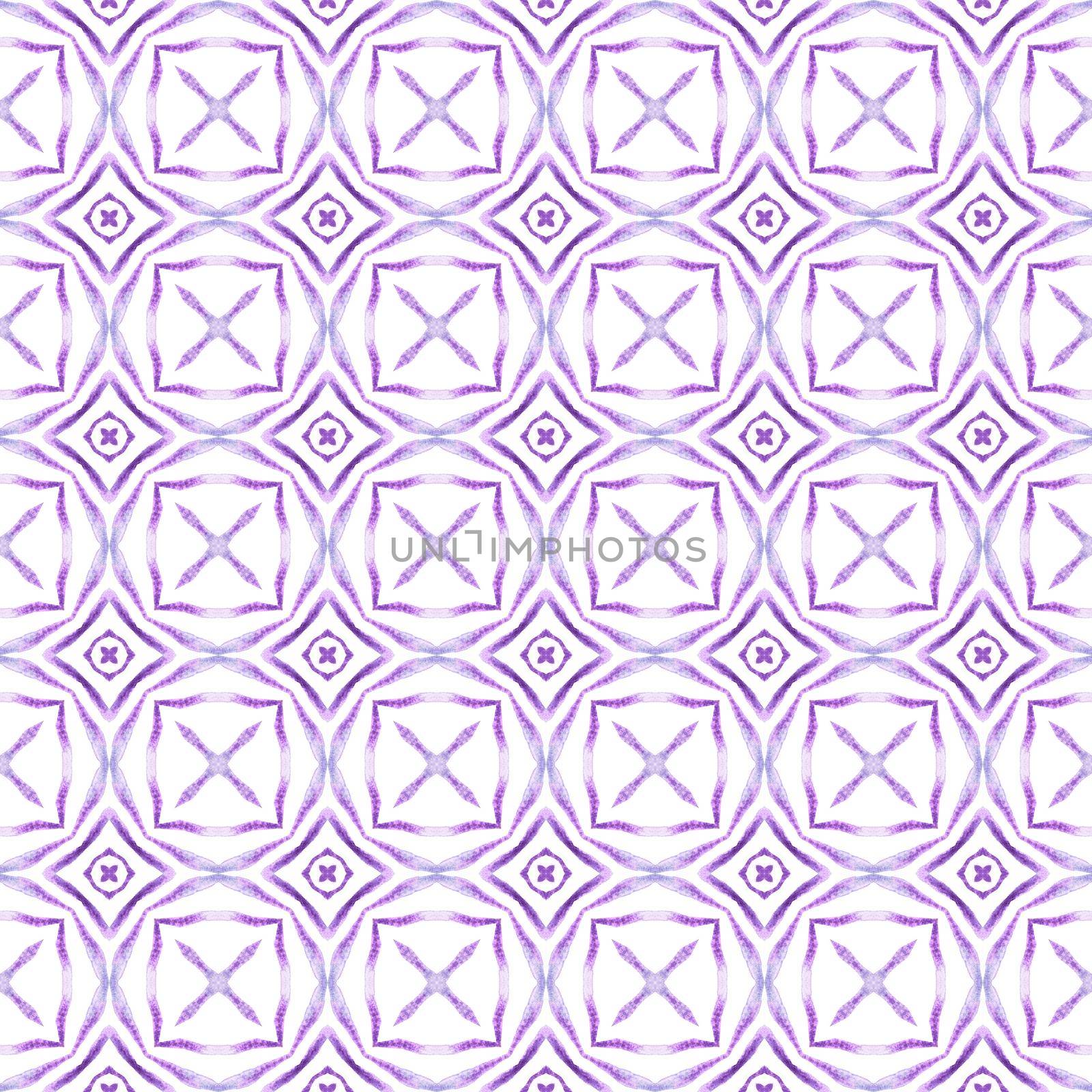 Textile ready charming print, swimwear fabric, wallpaper, wrapping. Purple energetic boho chic summer design. Ethnic hand painted pattern. Watercolor summer ethnic border pattern.