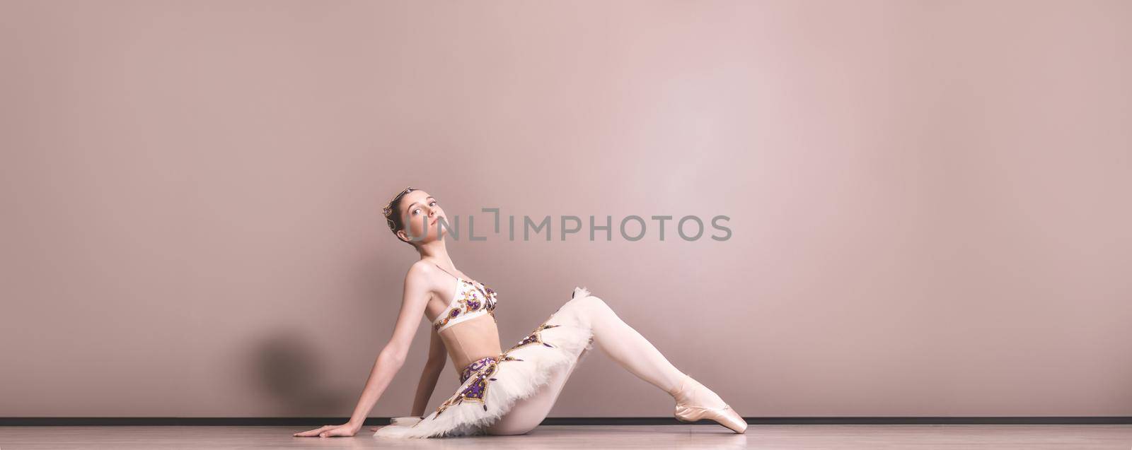 young beautiful graceful caucasian ballerina practice ballet positions in tutu skirt. Classical Ballet dancer sitting on the floor in the ballet studio by Nickstock