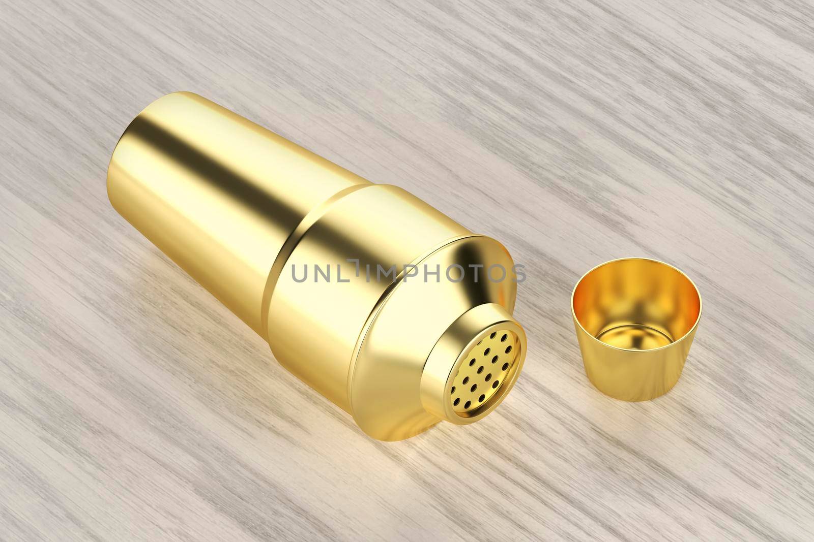 Gold cocktail shaker on wood background