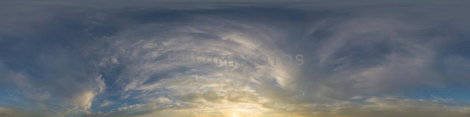 Dramatic sunset sky panorama with Cumulus clouds. Seamless hdr 360 pano in spherical equirectangular format. Complete zenith for 3D visualization, game and sky replacement for aerial drone panoramas by Matiunina