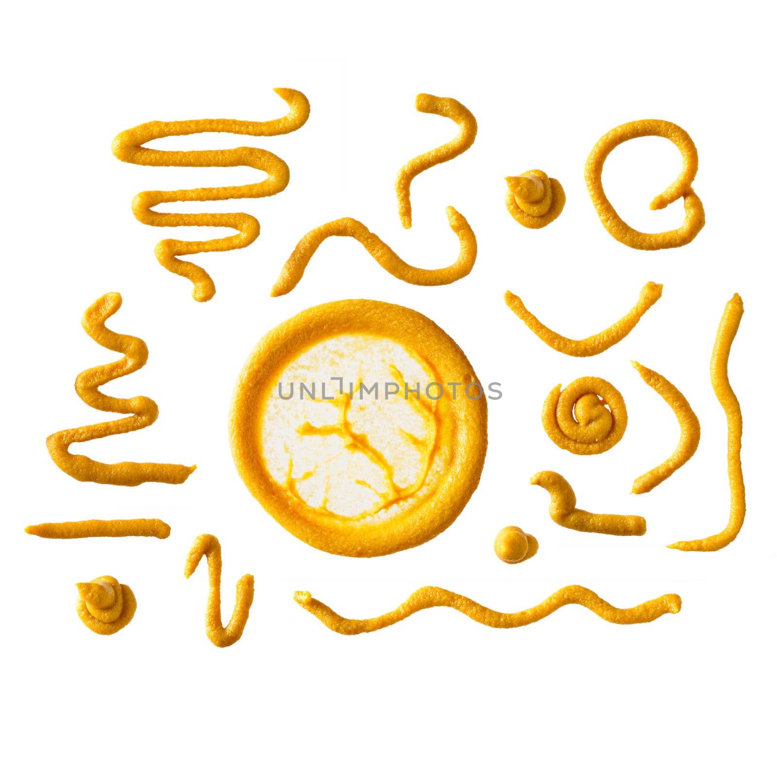 Set of mustard stains. mustard sauce yellow spots, smears and drops isolated on white background.