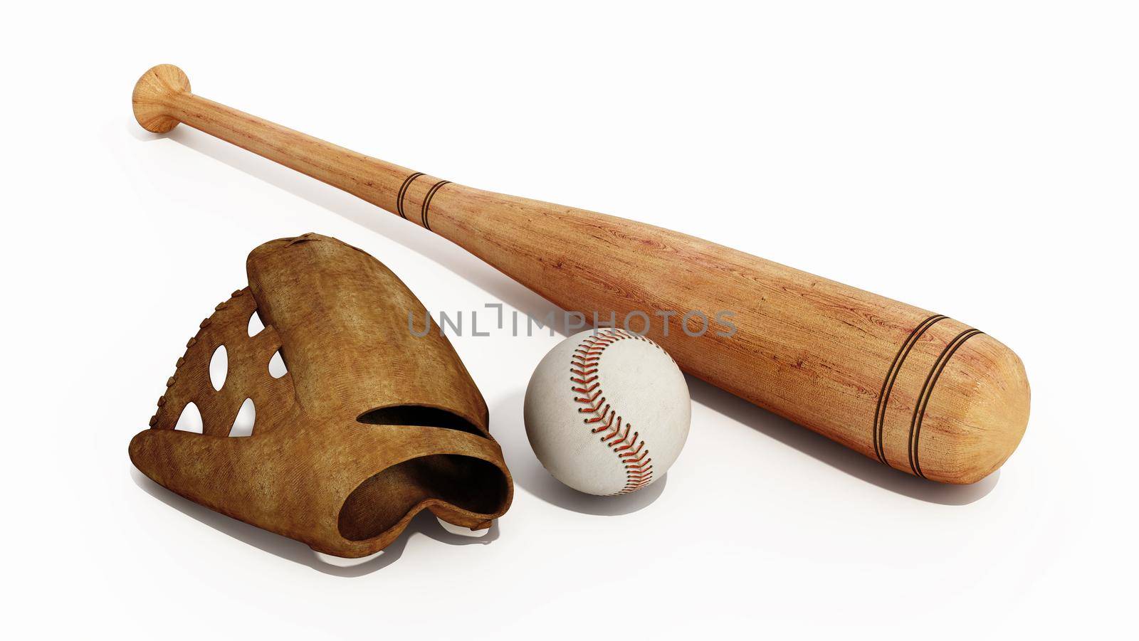 Baseball bat, ball and gloves isolated on white background. 3D illustration by Simsek
