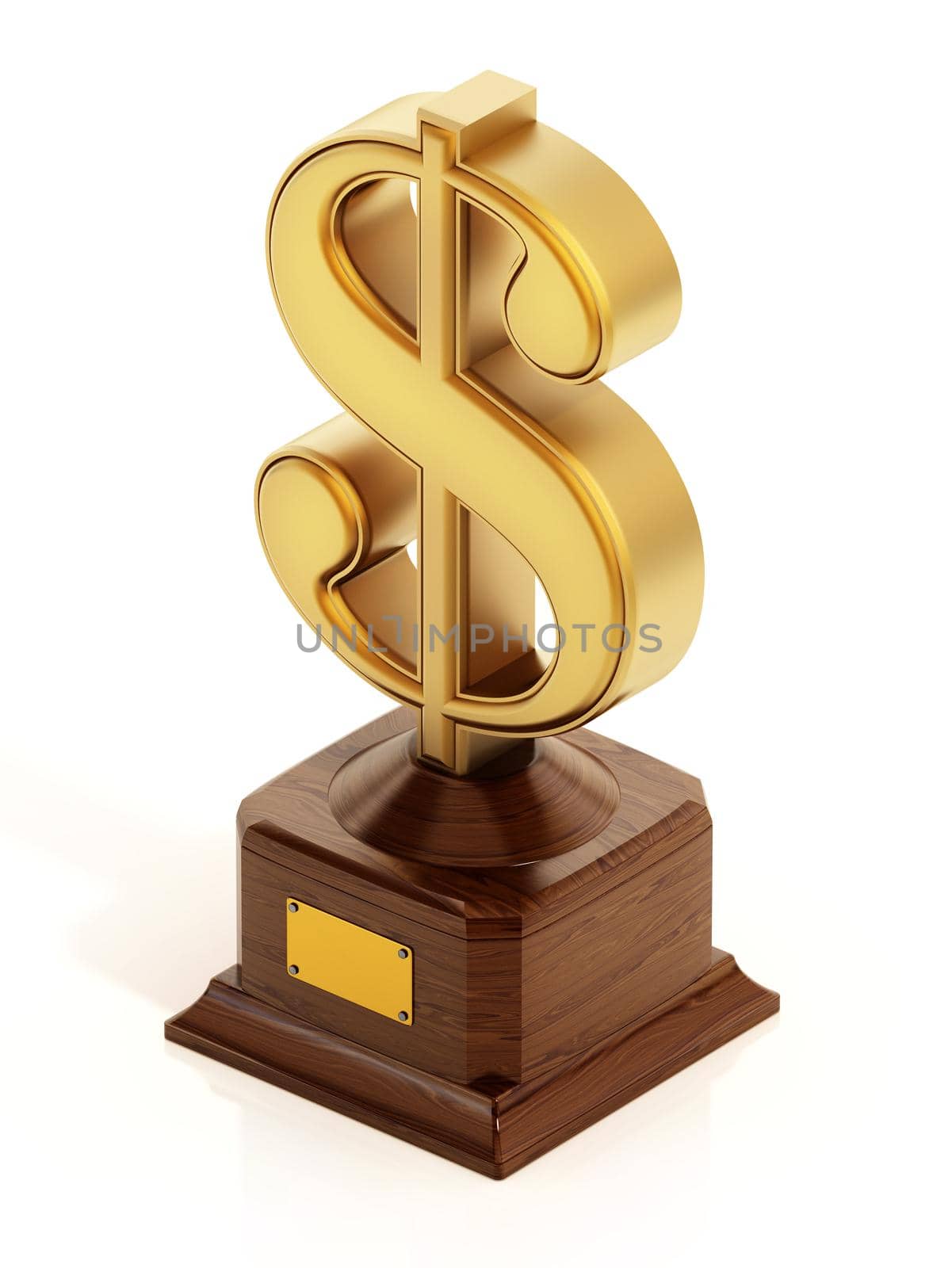 Gold dollar symbol on wooden base isolated on white background. 3D illustration by Simsek