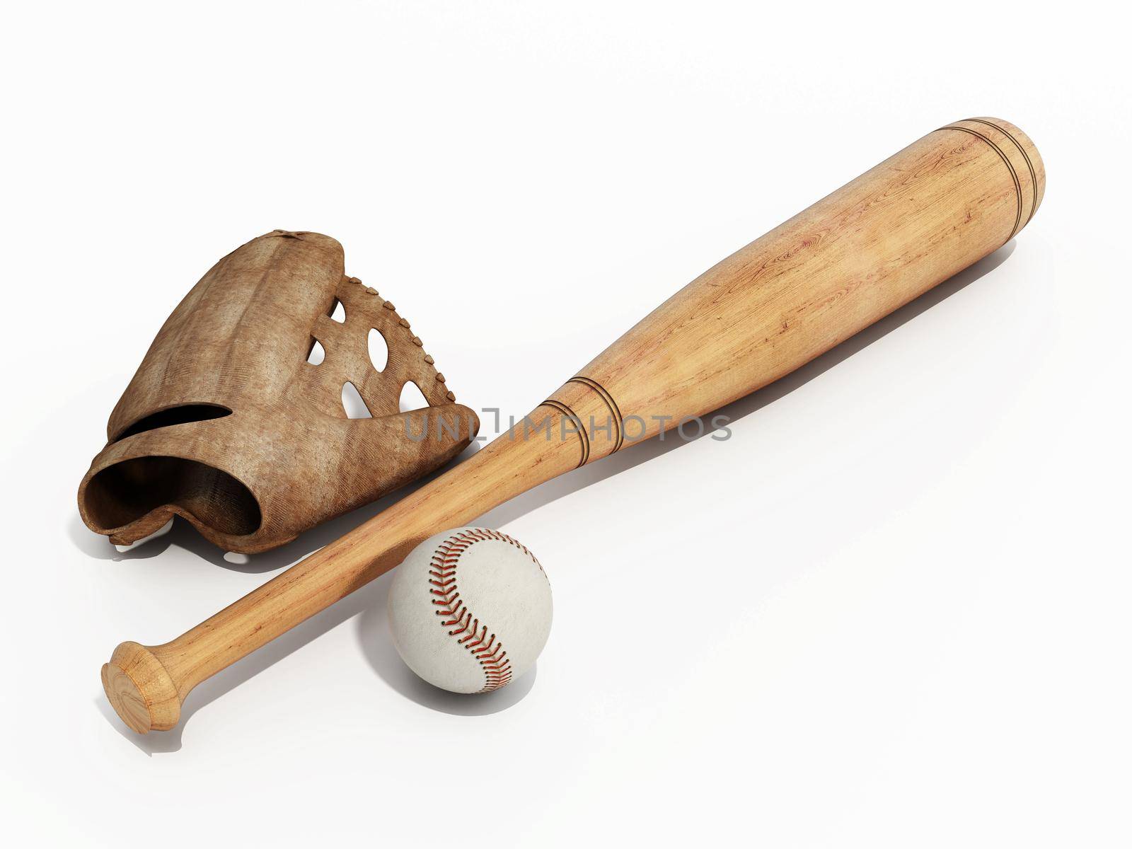 Baseball bat, ball and gloves isolated on white background. 3D illustration by Simsek