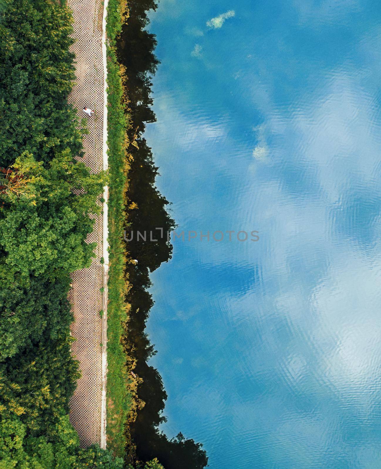 Bblue water surface of lake with reflecting clouds, top view. Narrow strip of shore along lake and man walking along shore. Countryside woodland or park. Drone shoot above scenic landscape, coastline