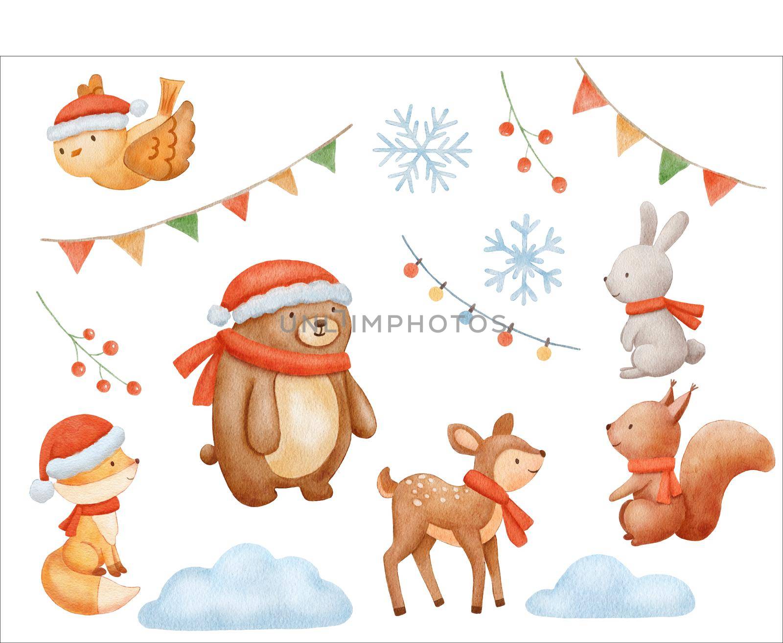 Watercolor Bear, deer, fox and bird characters with winter scarf and hat. Hand drawn cute woodland animal. Cartoon illustration isolated on white. by ElenaPlatova