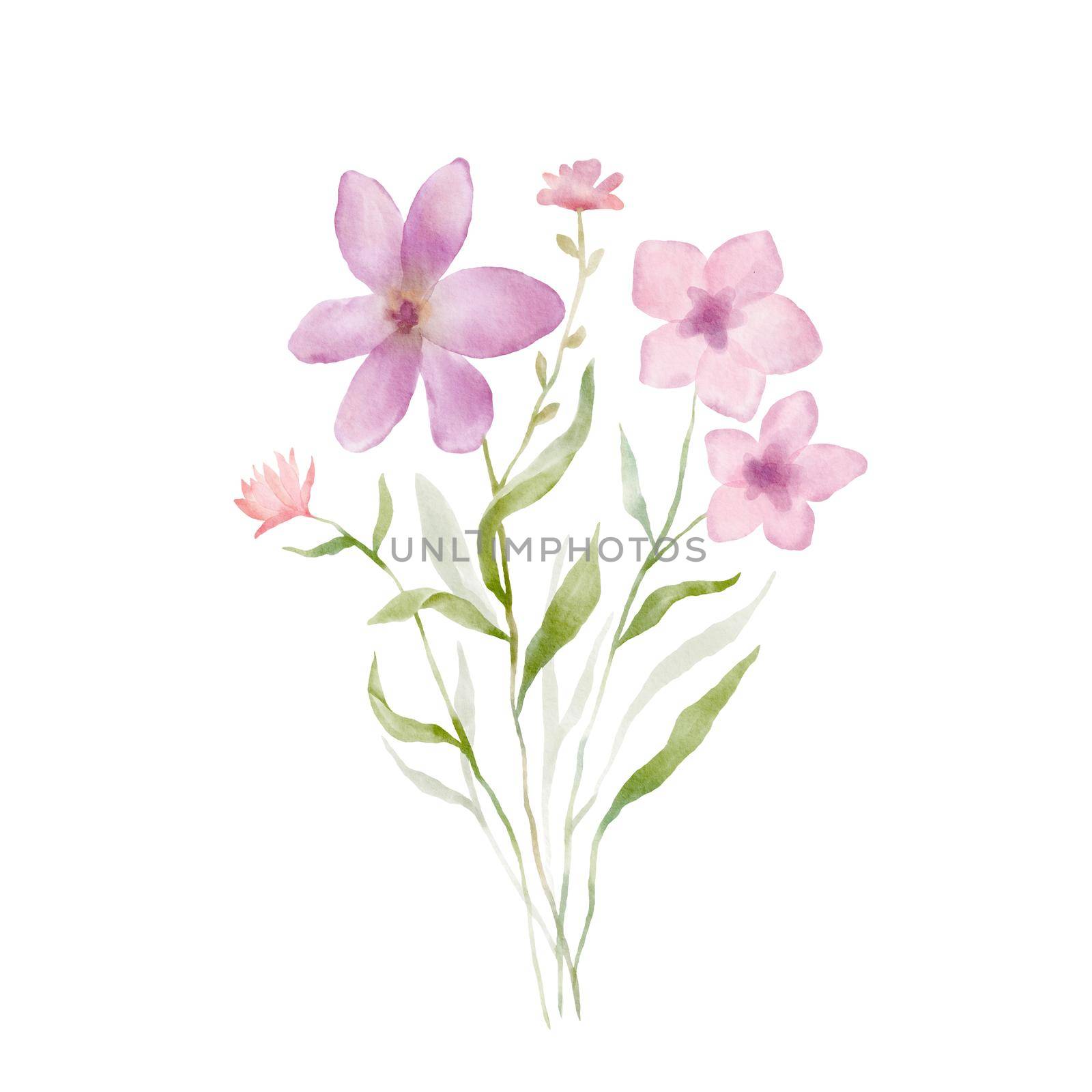 Watercolor pink flowers. Illustration of bouquet of wildflowers
