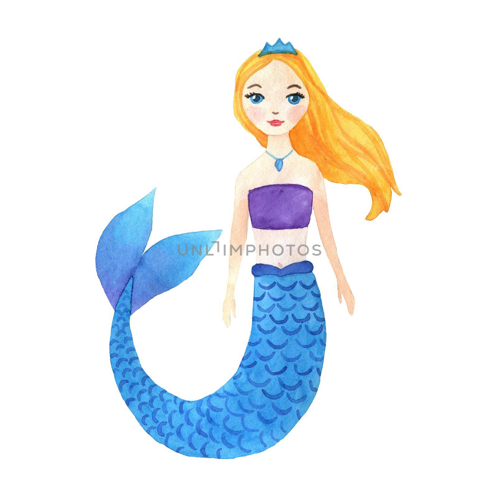 Cute mermaid watercolor illustration isolated on white