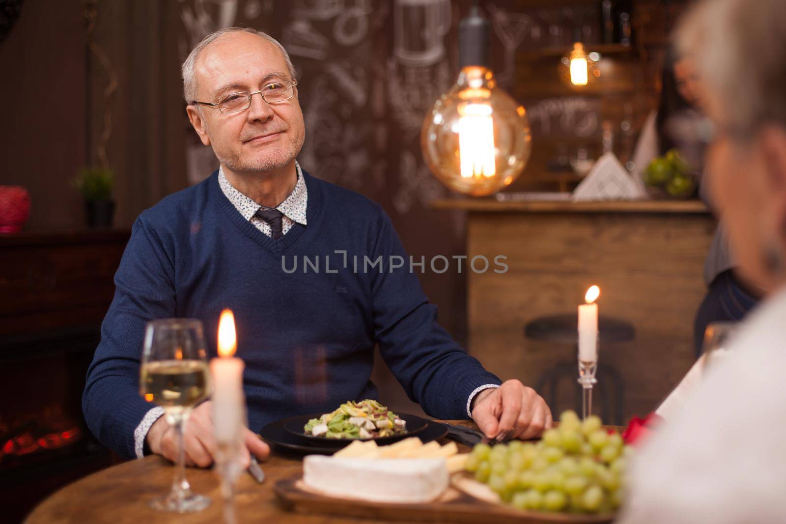Old man looking with admiration at his old lady after all of this years of marriage. Romantic old couple. Cute old couple in a restaurant. Glass of wine.