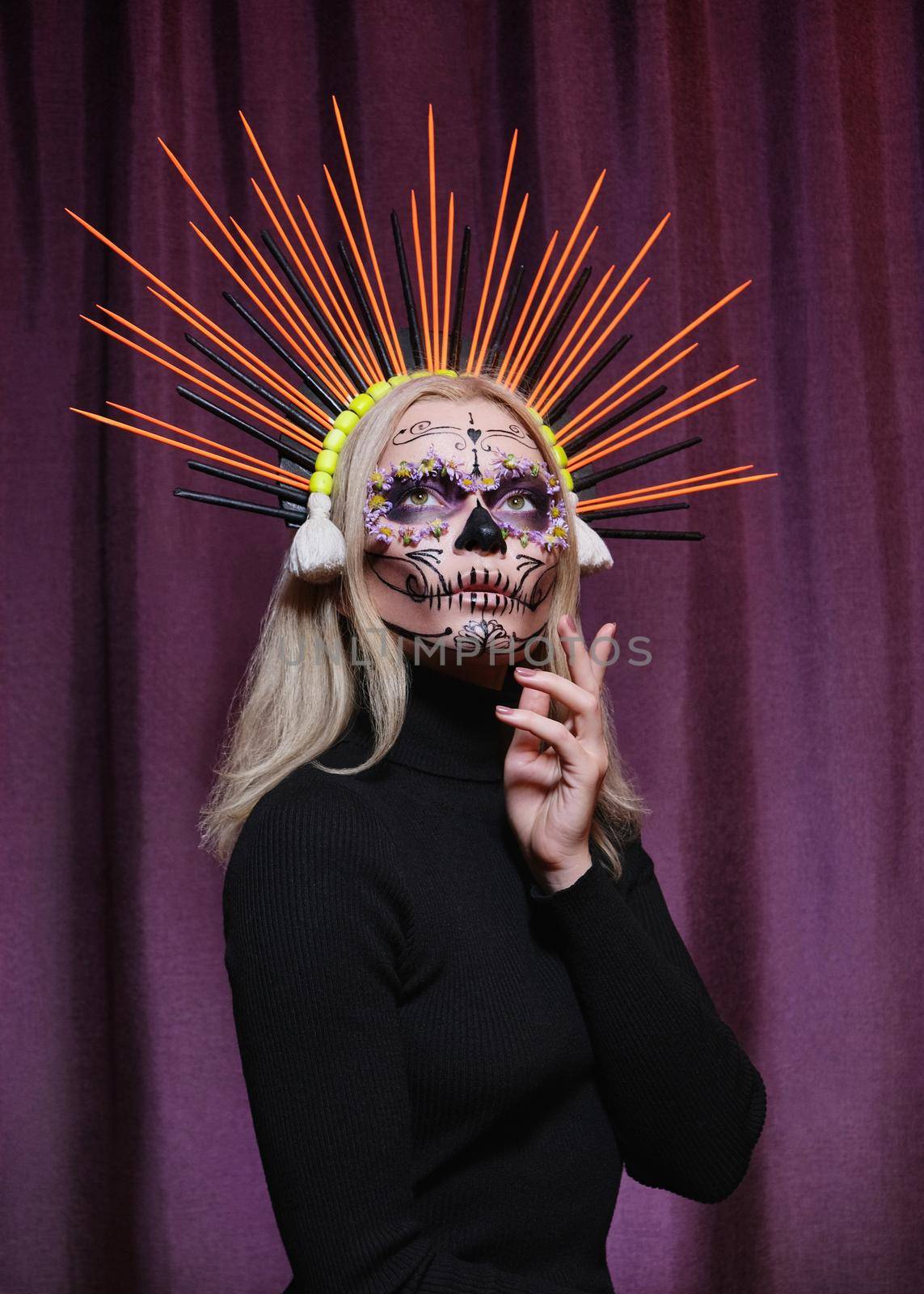 Beautiful Halloween Make-Up Style, Fancy Dress. Blond Model Wear Sugar Skull Makeup with Crown. Santa Muerte concept, Art Costume with Diadem