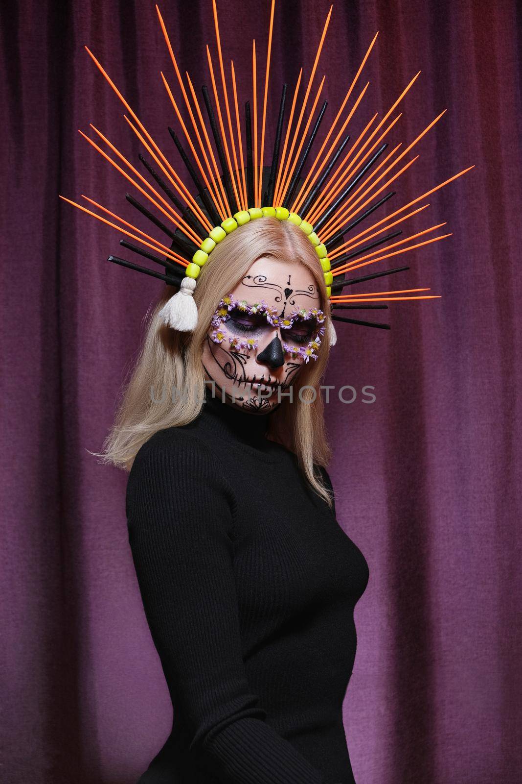 Beautiful Halloween Make-Up Style, Fancy Dress. Blond Model Wear Sugar Skull Makeup with Crown. Santa Muerte concept, Art Costume with Diadem
