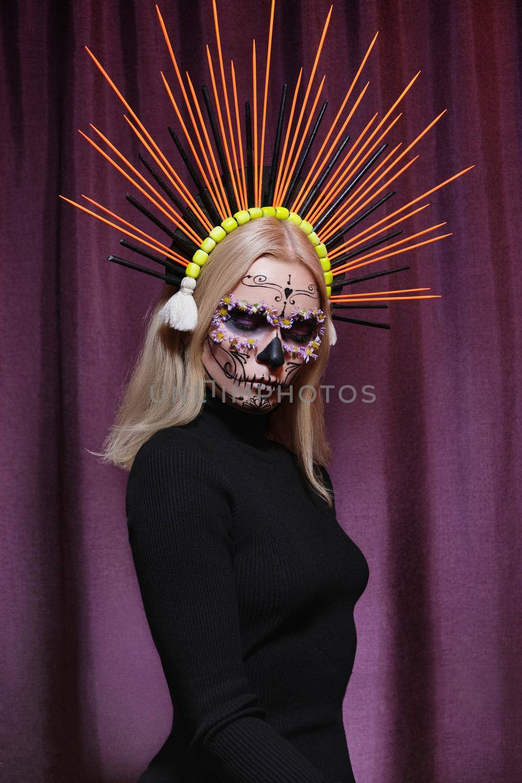 Halloween Make-Up Style, Fancy Dress and Diadem. Blond Model Wear Sugar Skull Makeup with Crown. Santa Muerte concept by MarinaFrost