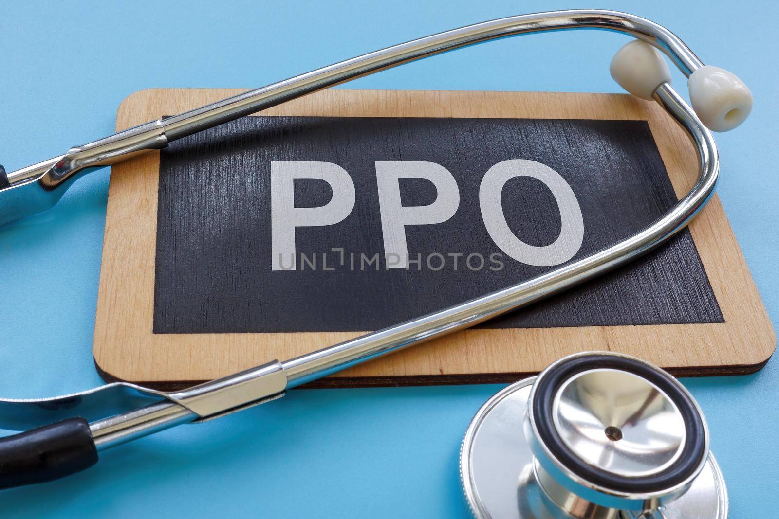 Plate with abbreviation PPO preferred provider organization or health insurance plan. by designer491