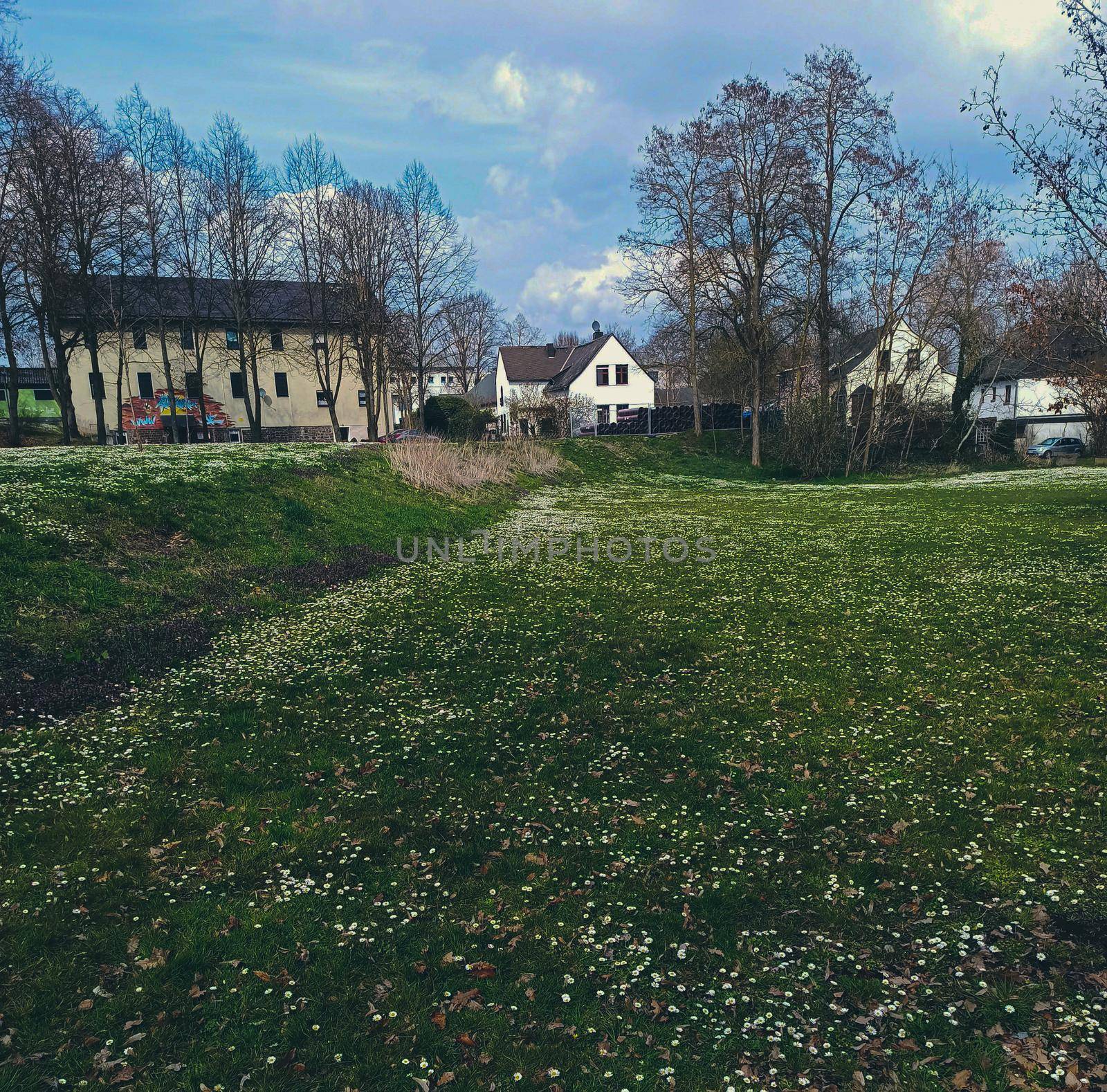 Small houses visible in the park. Green lawns in Germany.