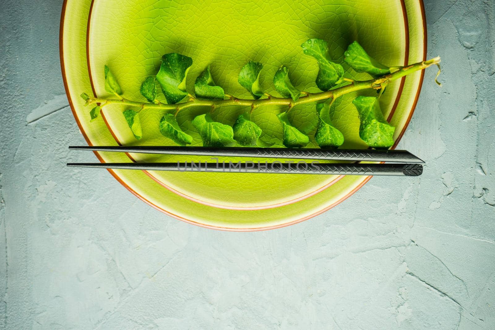 Rustic table setting with vintage ceramic plates, asian chopsticks and branch of ivy plant on dark old wooden table with copyspace