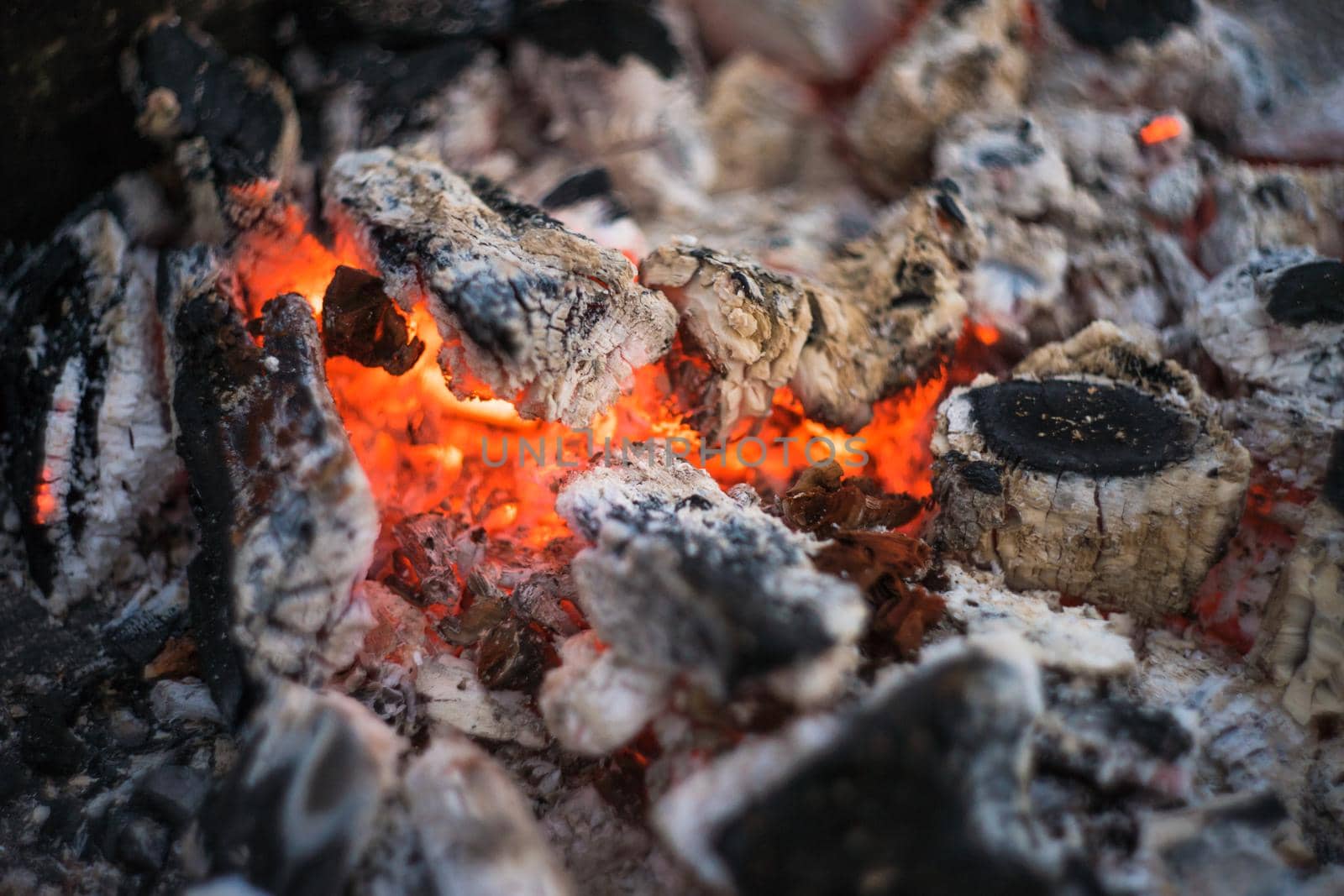 Burning charcoal with fire in a grill place