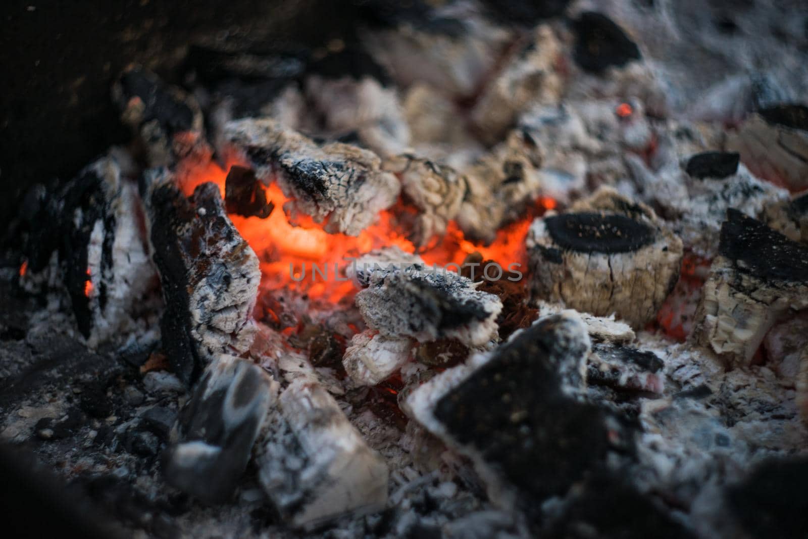 Burning charcoal with fire in a grill place