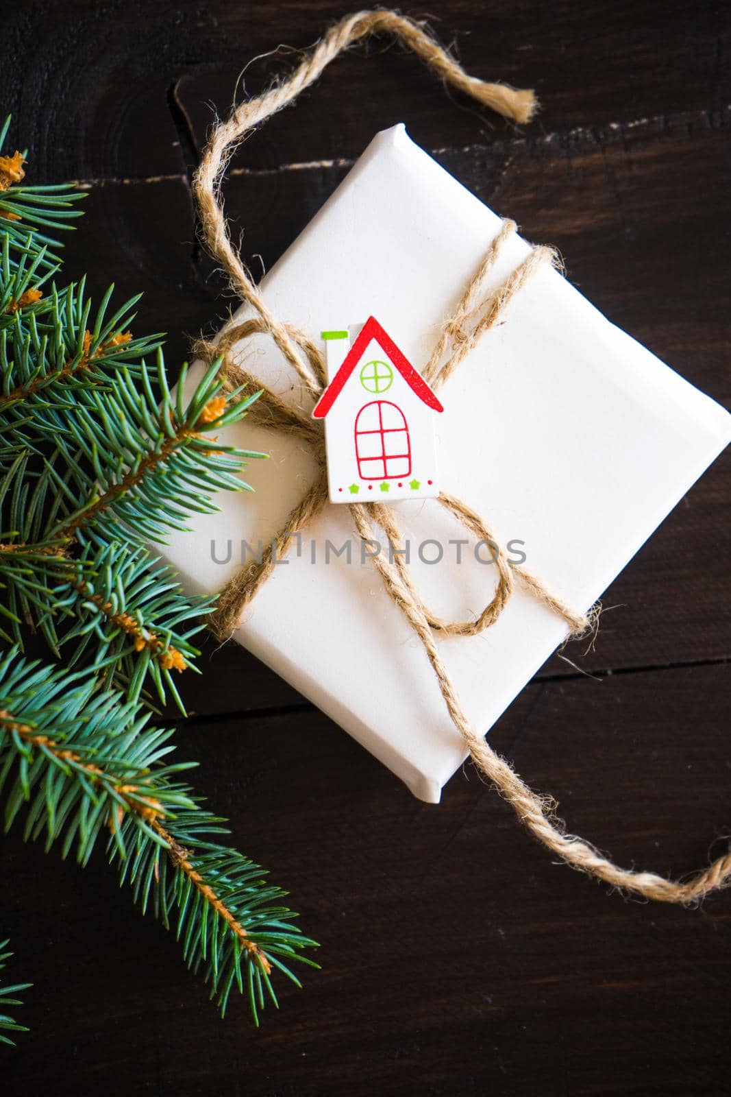 Festive Christmas themed frame with gift box and decorations