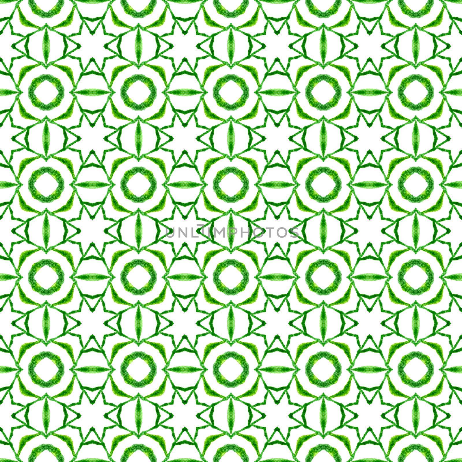 Ethnic hand painted pattern. Green breathtaking boho chic summer design. Textile ready majestic print, swimwear fabric, wallpaper, wrapping. Watercolor summer ethnic border pattern.