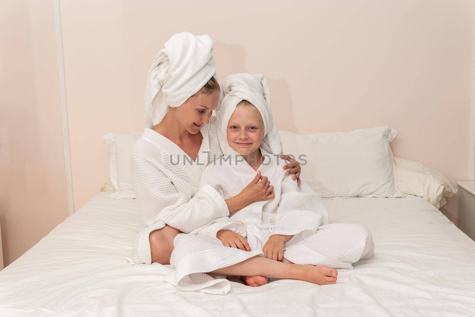 Daughter love smiling mom dries bath thinks elbows coffee bathrobe, for girl hygiene in lifestyle for hotel caucasian, towel baby. Head kid fashion,