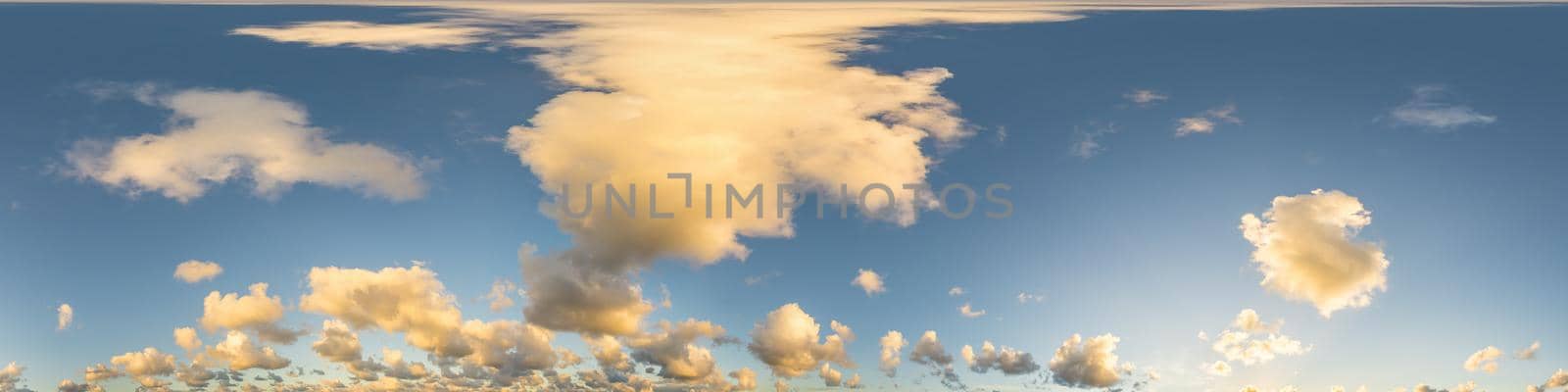 Sky panorama with Cirrus clouds in Seamless spherical equirectangular format. Full zenith for use in 3D graphics, game and editing aerial drone 360 degree panoramas for sky replacement