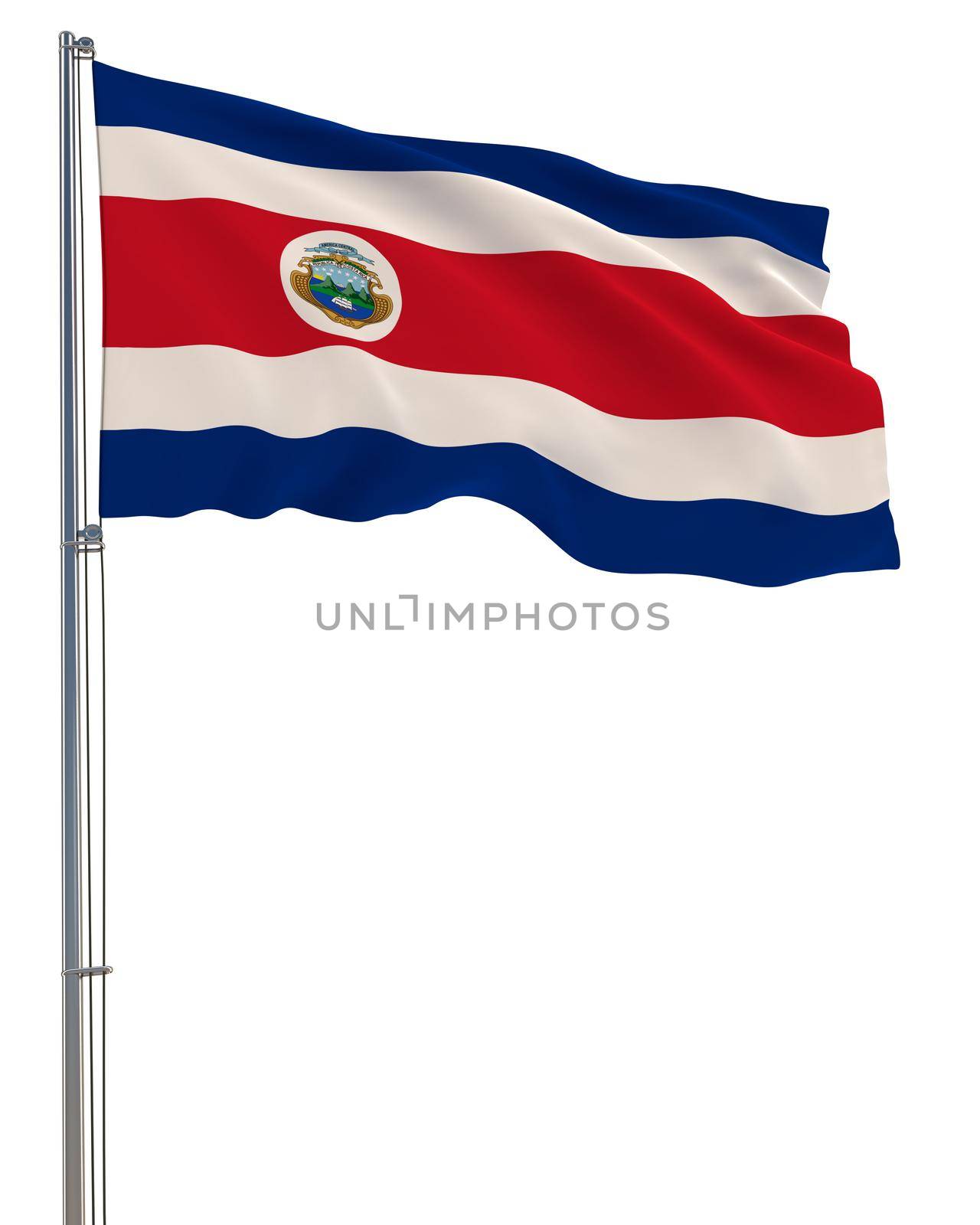 Costa Rica flag waving in the wind, white background, realistic 3D rendering image