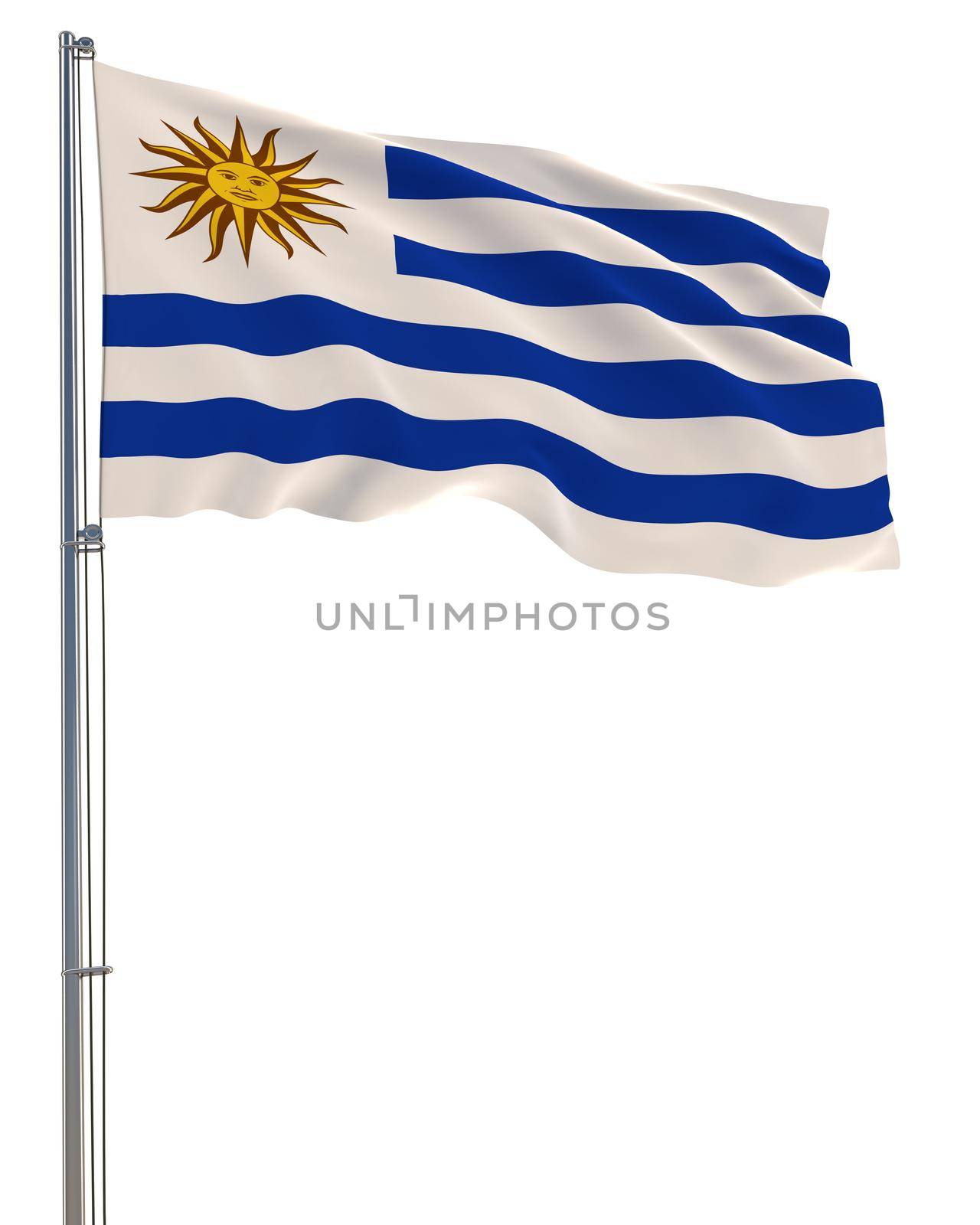 Uruguay flag waving in the wind, white background, realistic 3D rendering image
