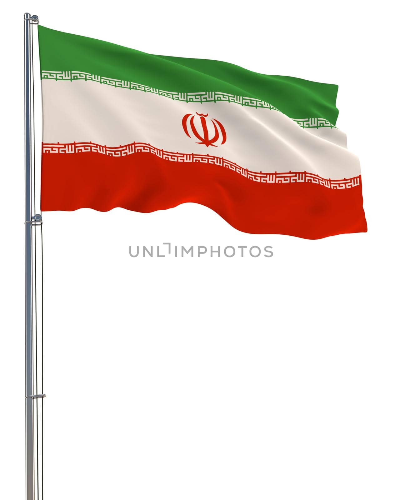 Iran flag waving in the wind, white background, realistic 3D rendering image