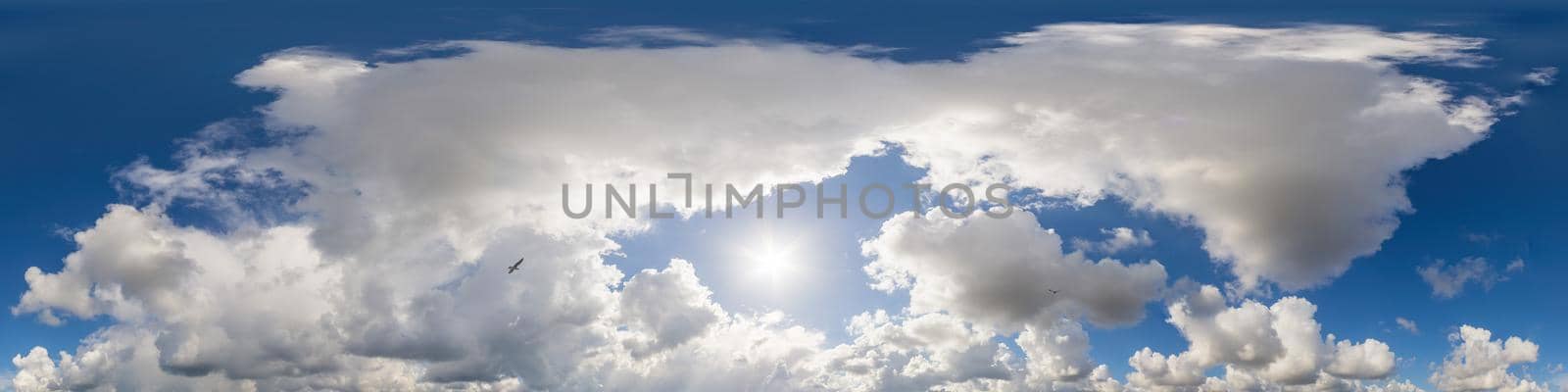 Sky panorama with Cirrus clouds in Seamless spherical equirectangular format. Full zenith for use in 3D graphics, game and editing aerial drone 360 degree panoramas for sky replacement