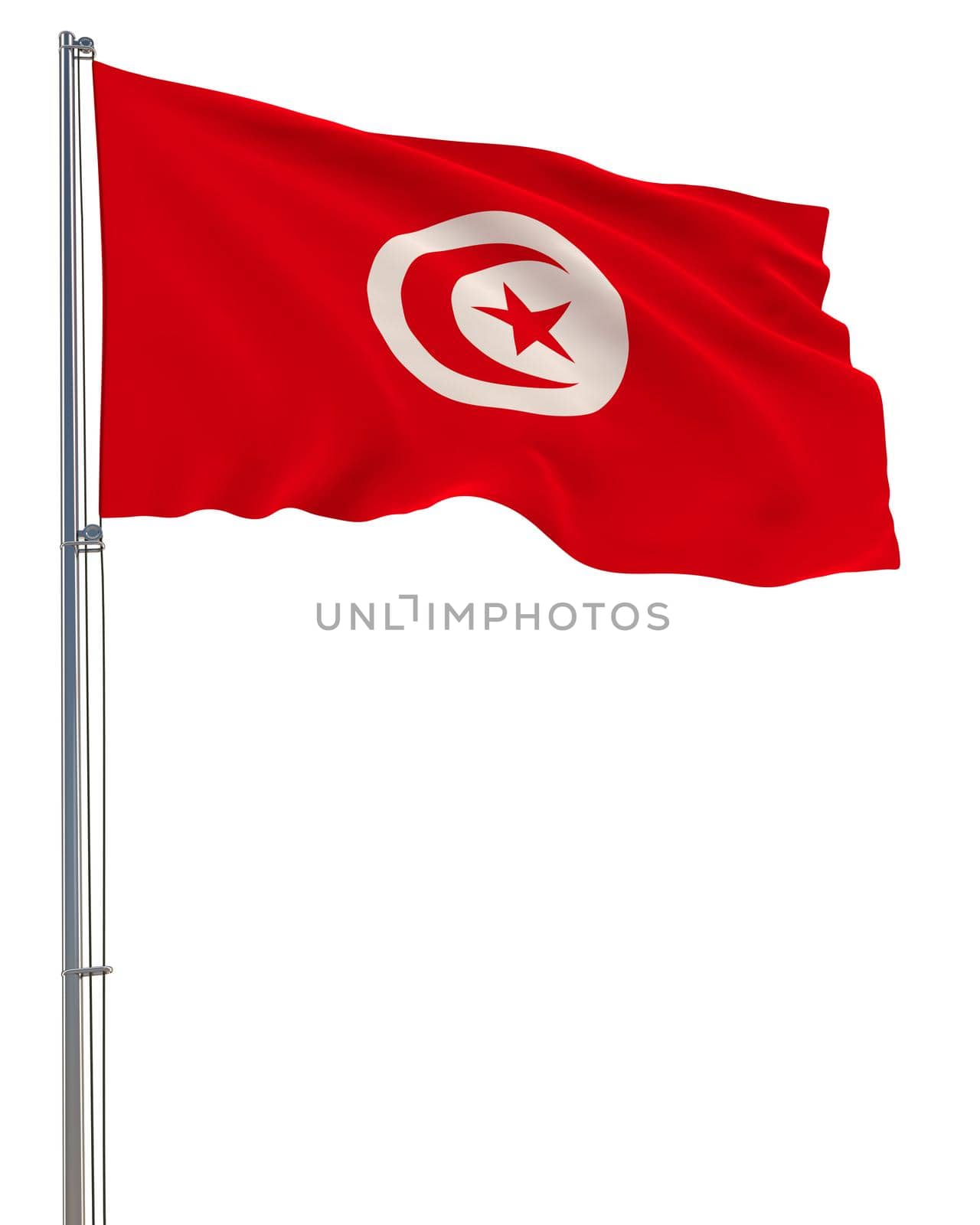 Tunisia flag waving in the wind, white background, realistic 3D rendering image