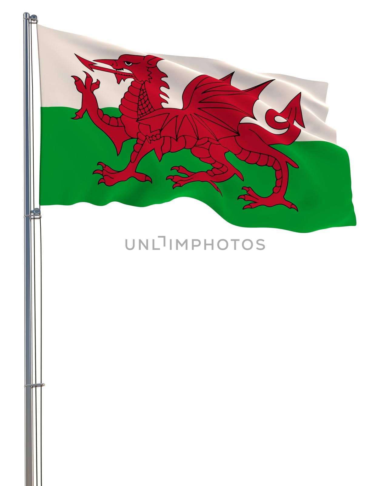 Wales flag waving in the wind, white background, realistic 3D rendering by gladder