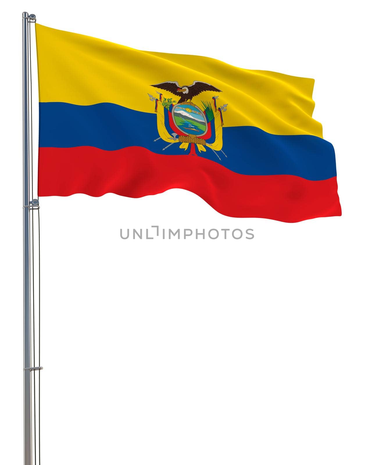 Ecuador flag waving in the wind, white background, realistic 3D rendering image