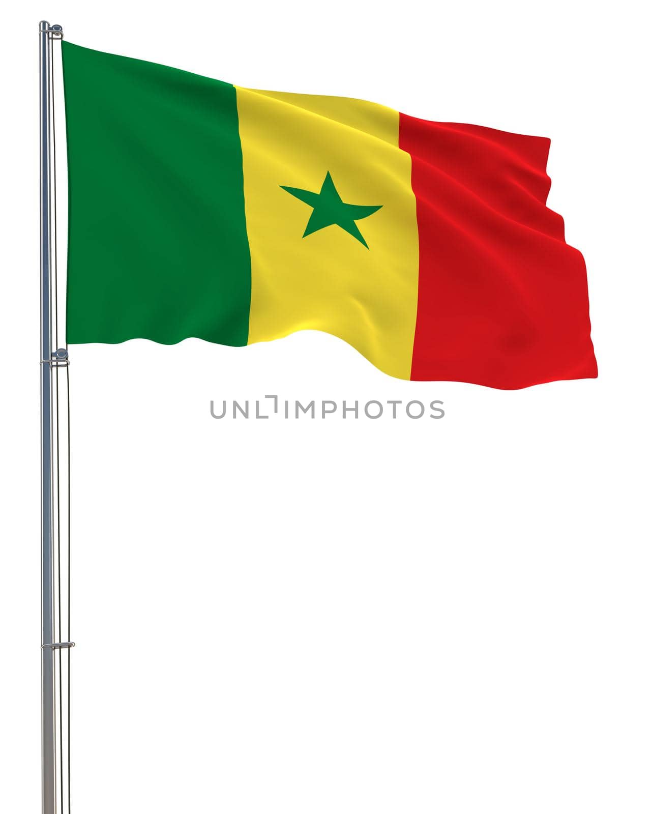 Senegal flag waving in the wind, white background, realistic 3D rendering image