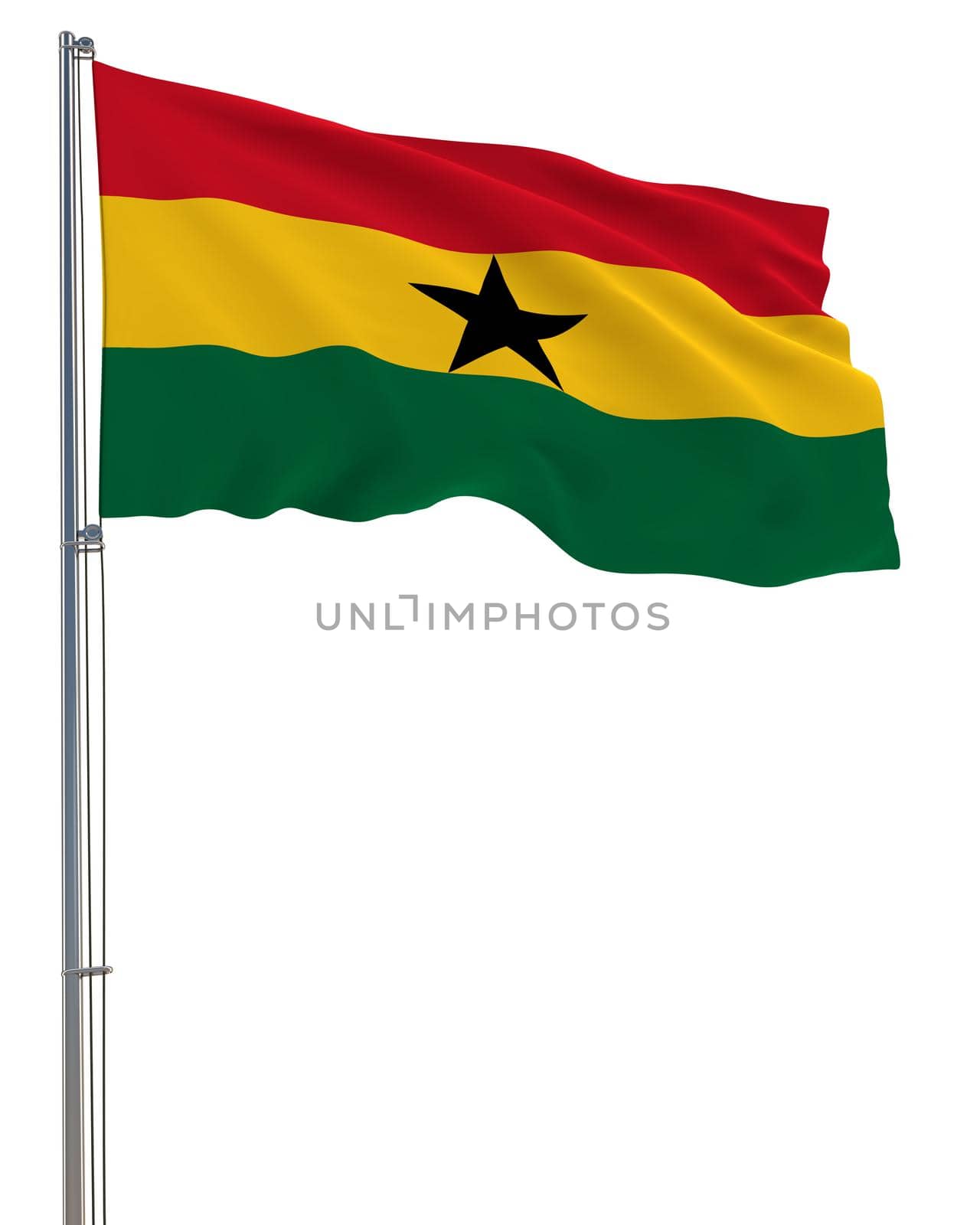 Ghana flag waving in the wind, white background, realistic 3D rendering by gladder