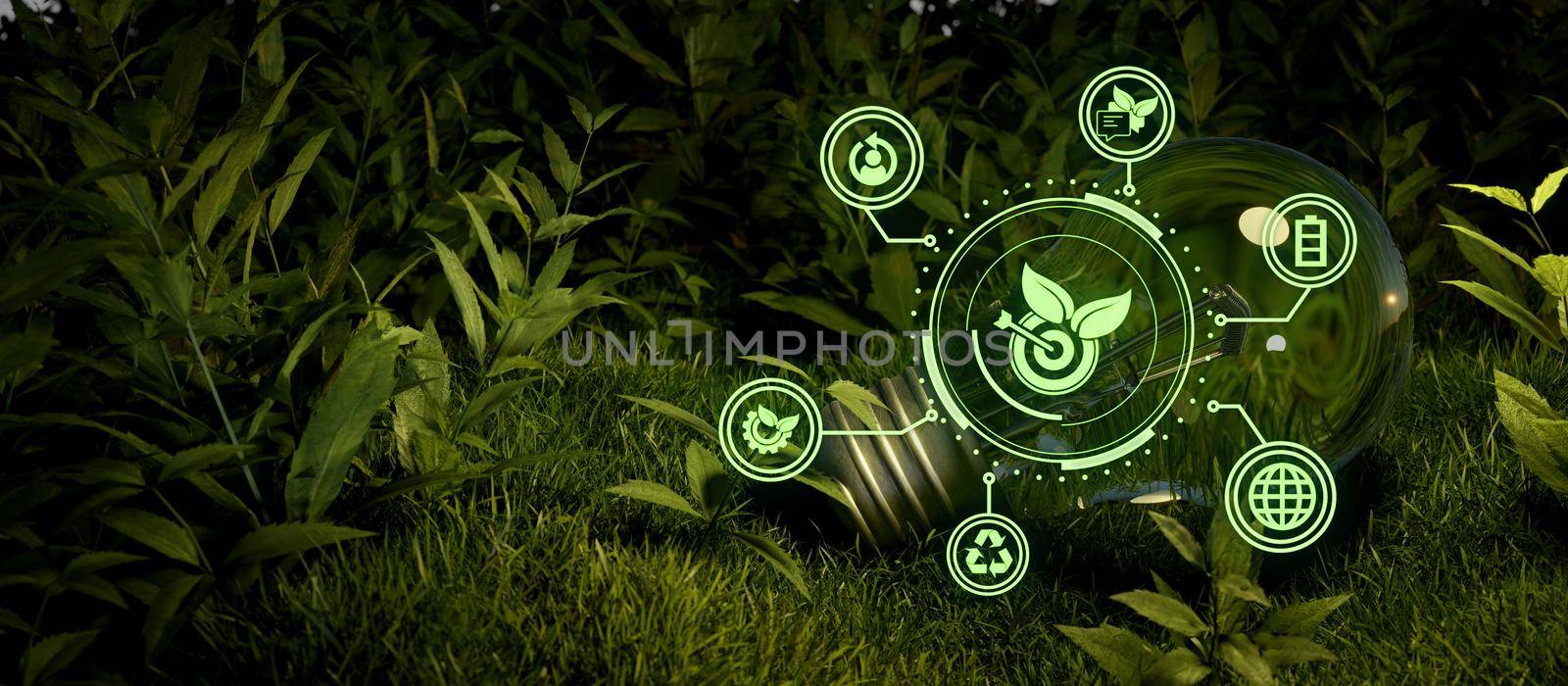 Ecosystem and digital technology concept lightbulb green ecological call to recycle and reuse in the form of a pond with a recycling symbol 3D Illustration