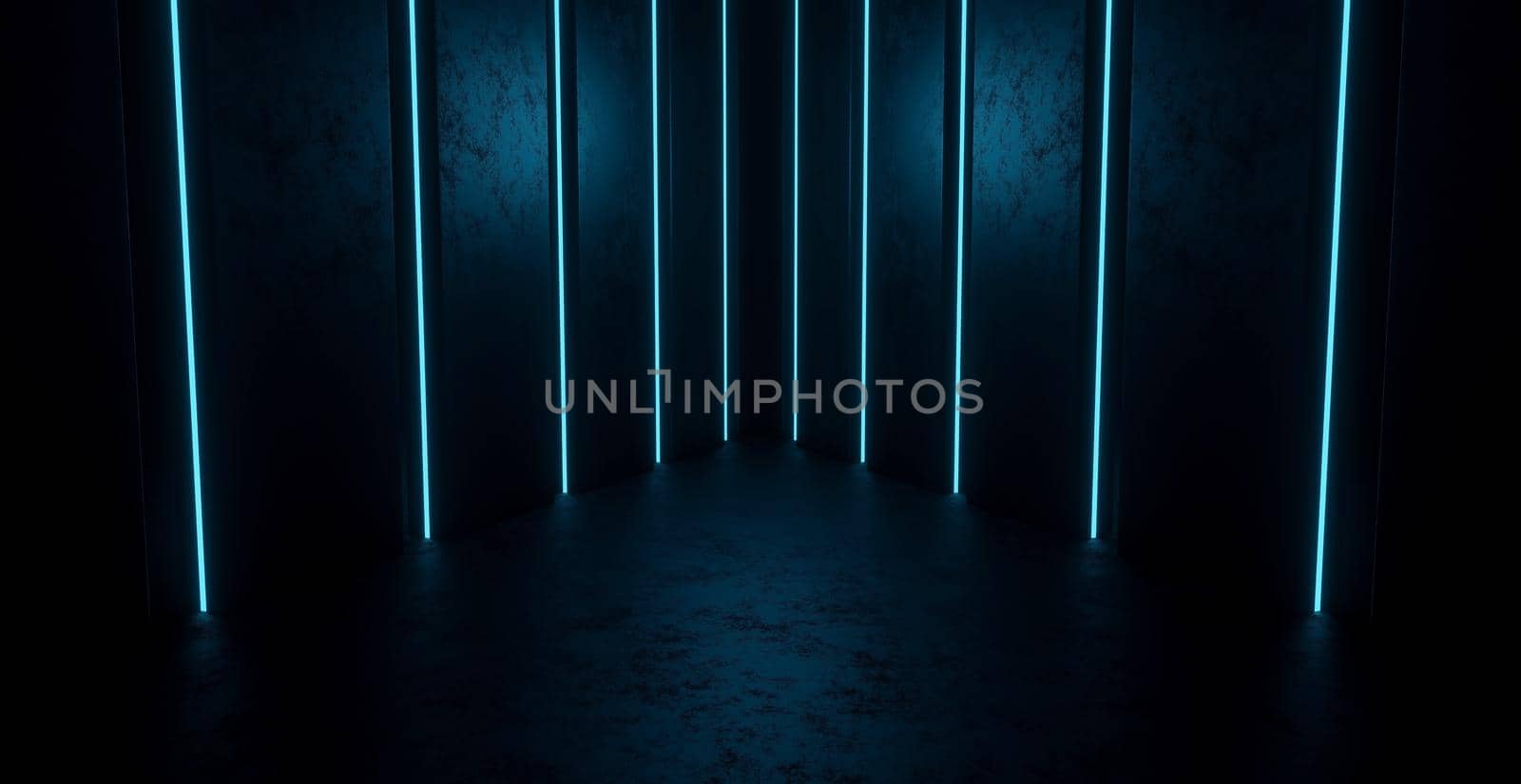 Robotic SciFi Empty Glowing Vibrant Laser Showcase Stage Corridor Hallway Entrance Lighted Black Illustrative Banner Background Wallpaper Digital Futurism Concept 3D Illustration