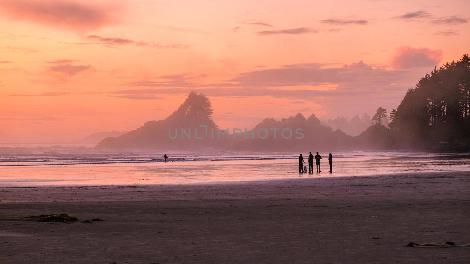 Tofino Vancouver Island Pacific rim coast, surfers with board during sunset at the beach by fokkebok