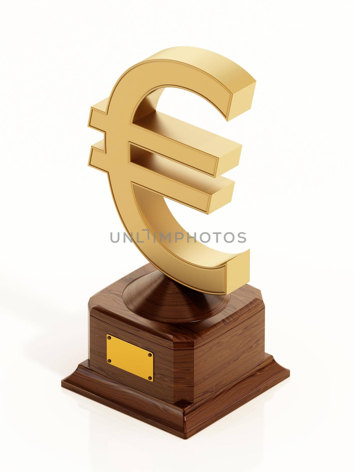 Gold Euro symbol on wooden base isolated on white background. 3D illustration.