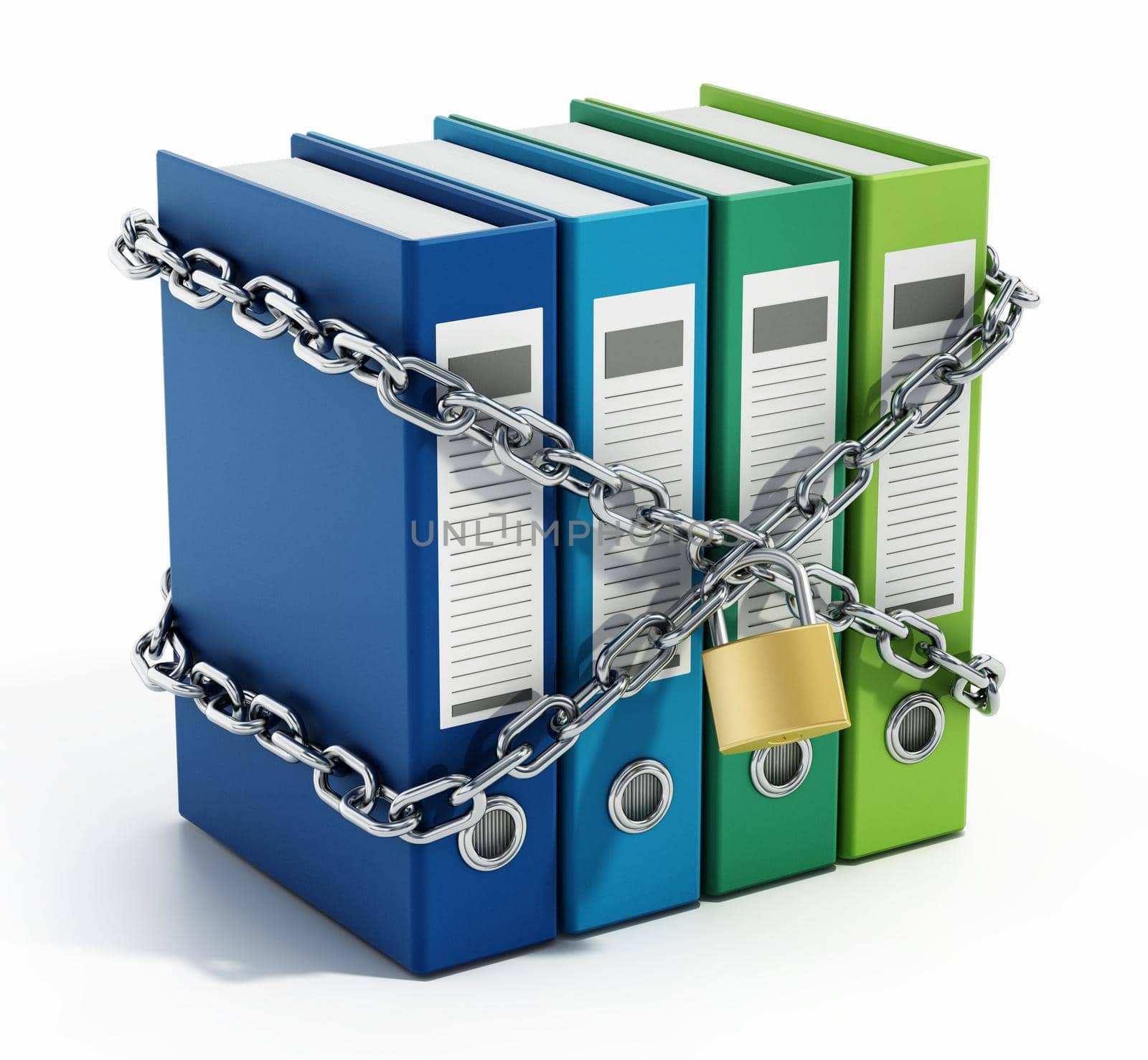 Group of folders wrapped with chains and padlock. 3D illustration by Simsek