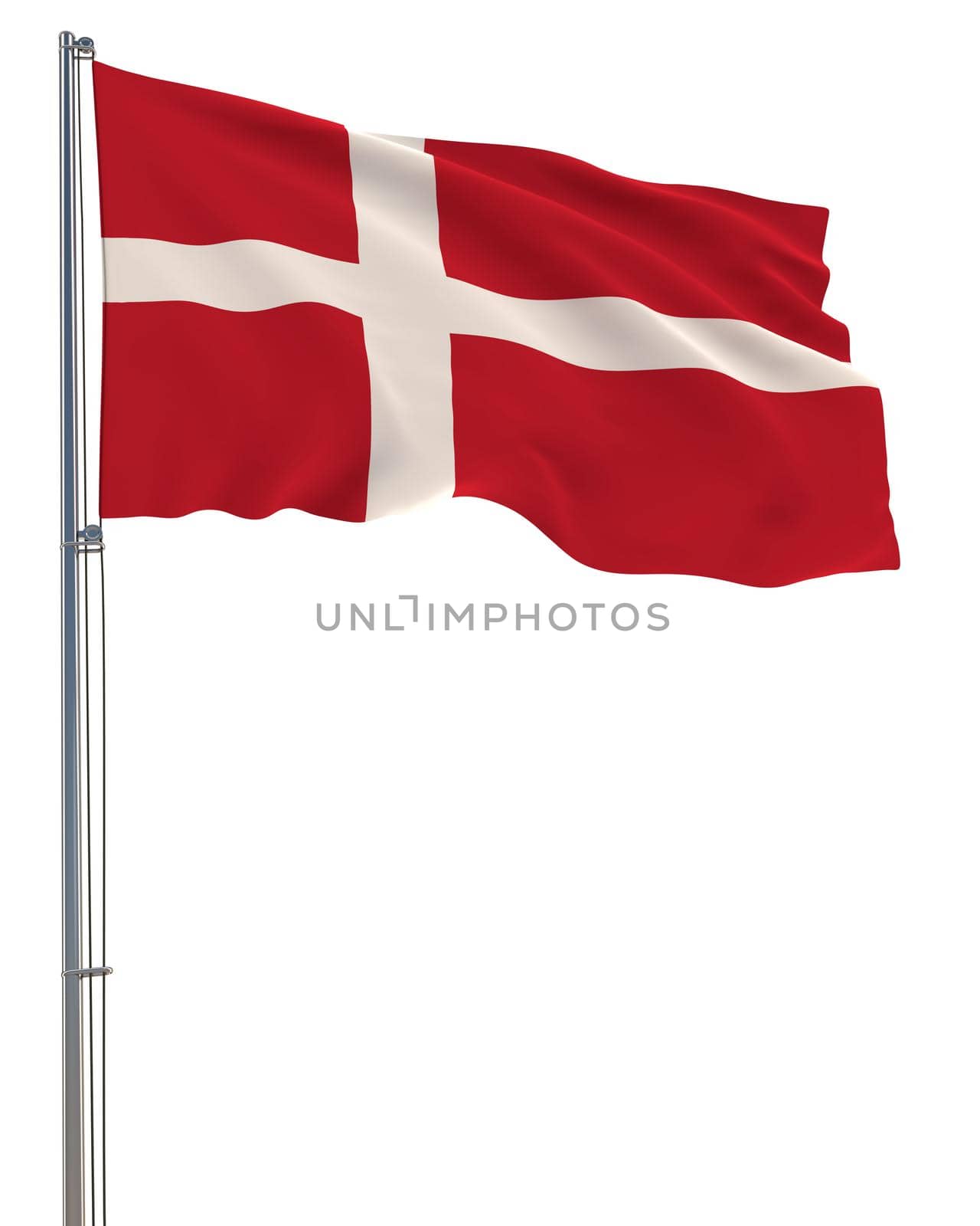 Denmark flag waving in the wind, white background, realistic 3D rendering image