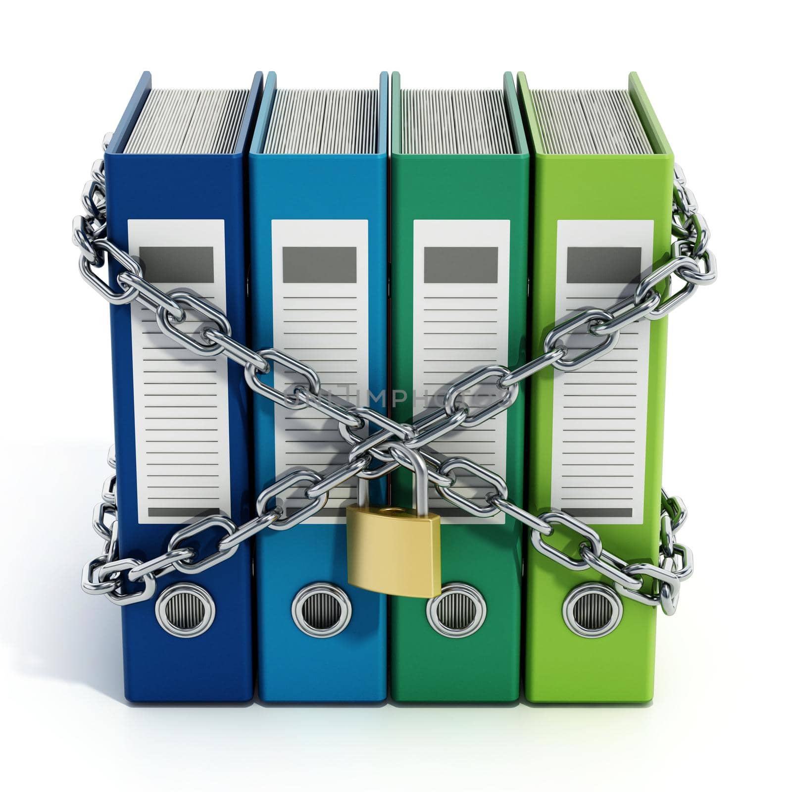 Group of folders wrapped with chains and padlock. 3D illustration.